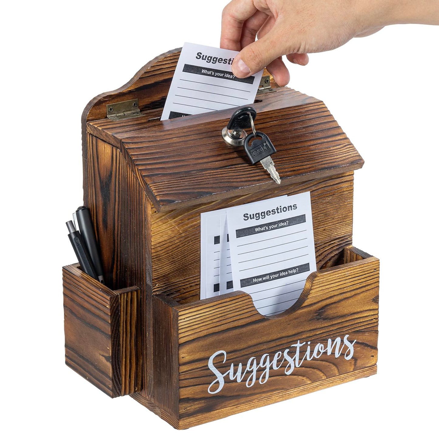 MyGift Suggestion Box with Slot and Lock, Donation Box for Fundraising, Complaint Case with Paper Sheet and Pen Holder Slots,Wall Mounted or Tabletop, Rustic Burnt Solid Wood