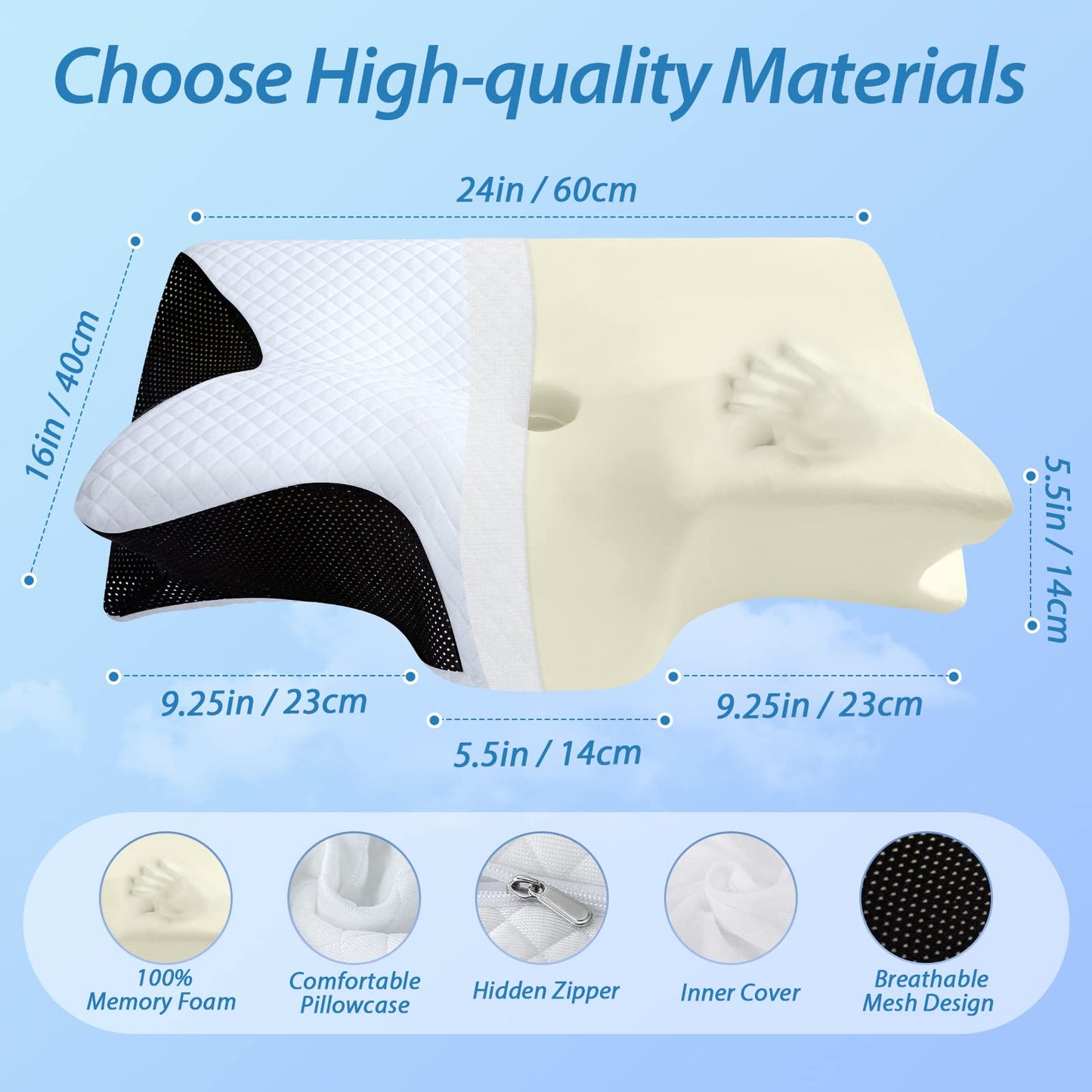 HOMCA Memory Foam Pillow, 2 in 1 Cervical Pillow for Neck Pain Relief, Ergonomic Neck Support Pillows for Side Back Stomach Sleepers with Breathable Pillowcase (Black)