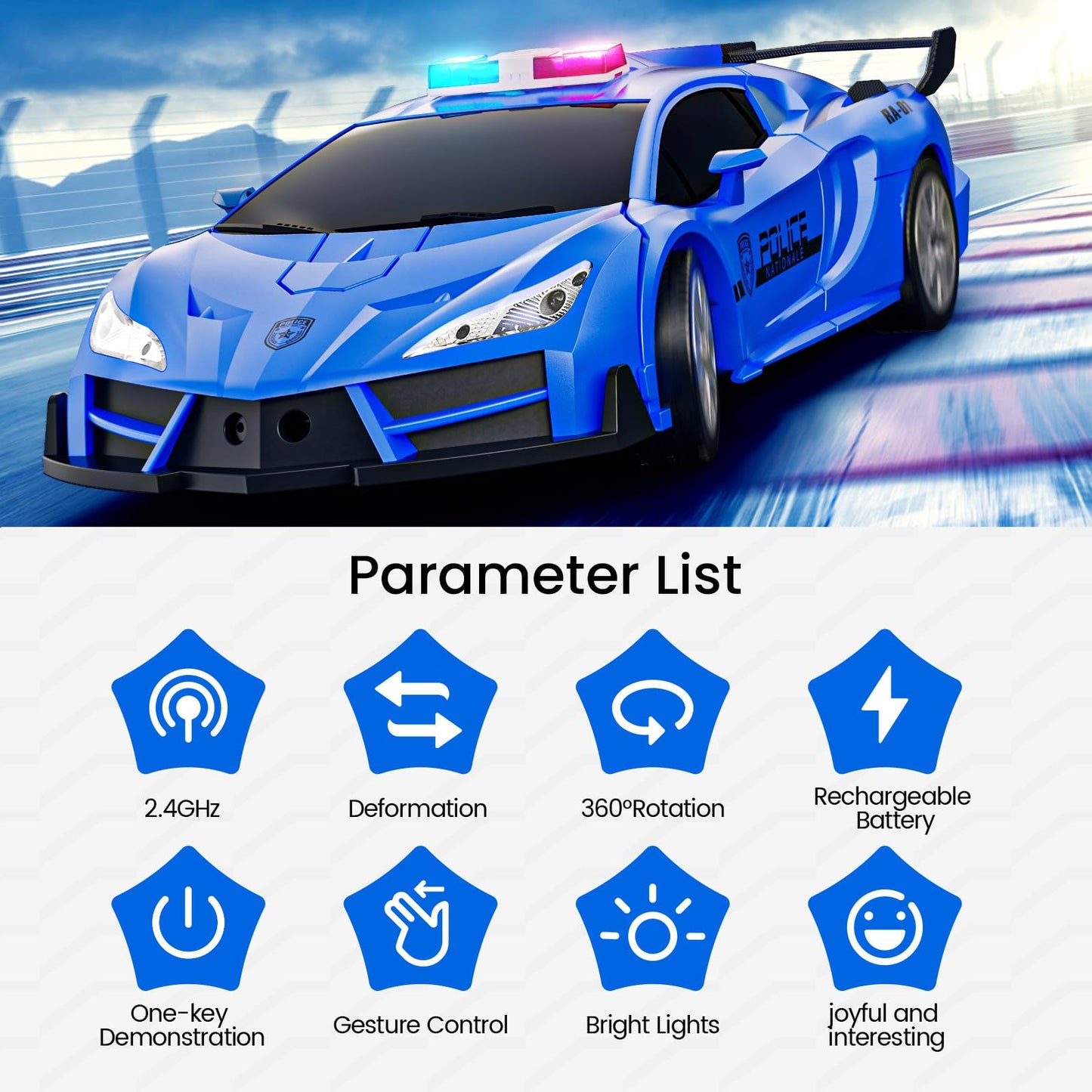 Tecnock Remote Control Car - Gesture Sensing, Transform Robot RC Cars for Kids, 2.4GHz One Button Transformation Robot Toy with LED Lights, Police Car Toy Gift for Age 8-12 Boys/Girls