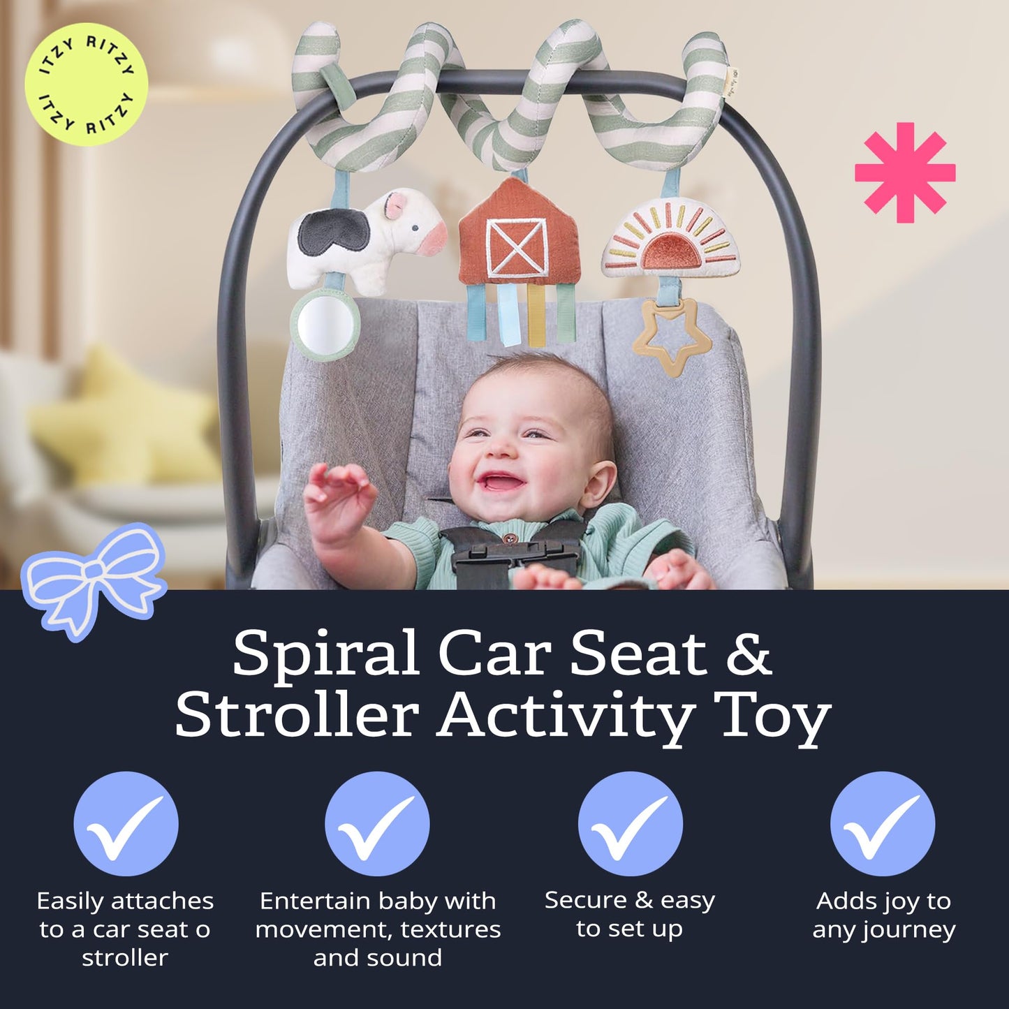 Itzy Ritzy Spiral Car Seat & Stroller Activity Toy; Includes Dangling Ring, Mirror and Textured Ribbons; Farm