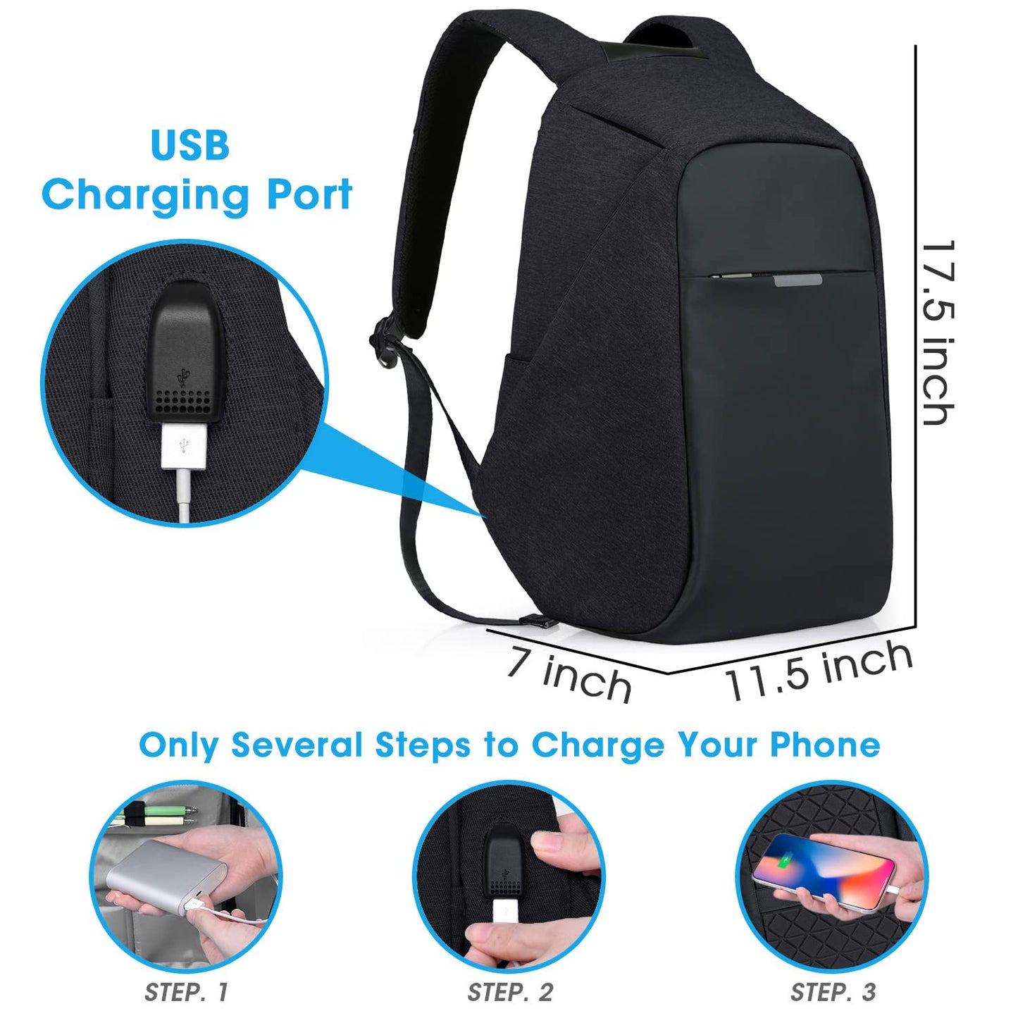 Anti Theft Backpack - 15.6 Inch Laptop Travel Backpack with Hidden Zipper and USB Charging Port - Waterproof Business Computer Bag for Men & Women