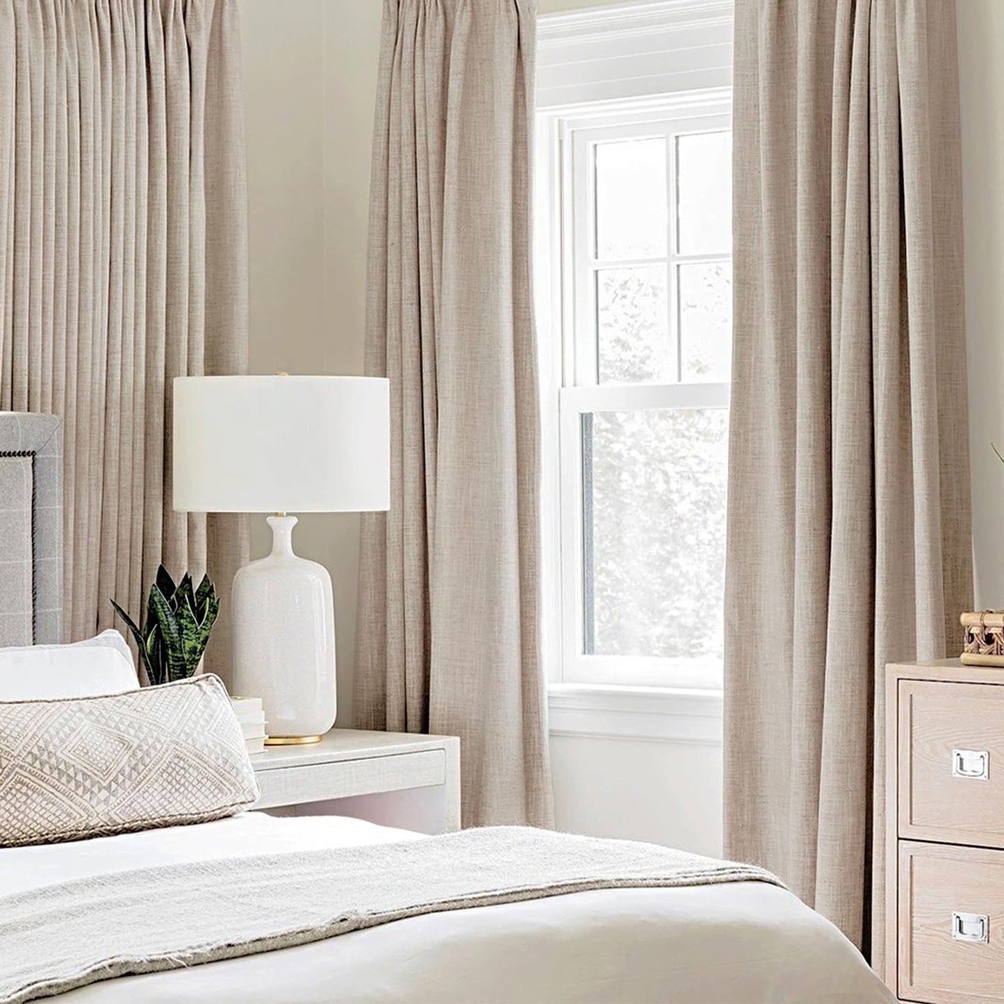 MIULEE 100% Blackout Linen Curtains for Bedroom Thermal Insulated Grommet Room Darkening Curtains & Drapes for Living Room Nursery, Beige, 52W x 90L inch (2 Panels)