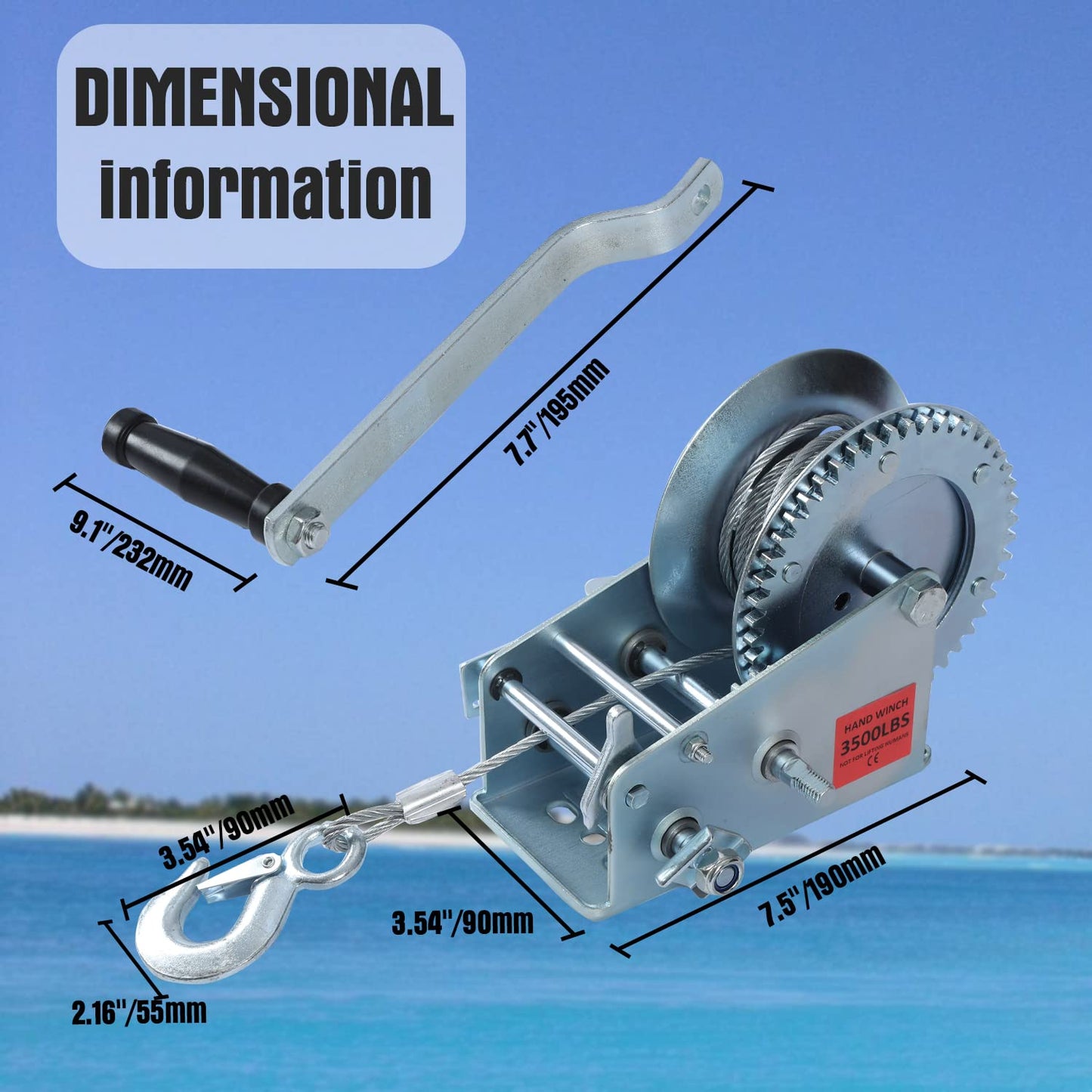 Hand Winch Heavy Duty 3500lbs with Steel Cable and Ratchet Handle Hook 2 Gear Manual Crank Towing Winch for ATV Boat Trailer Truck Auto Silver (3500)