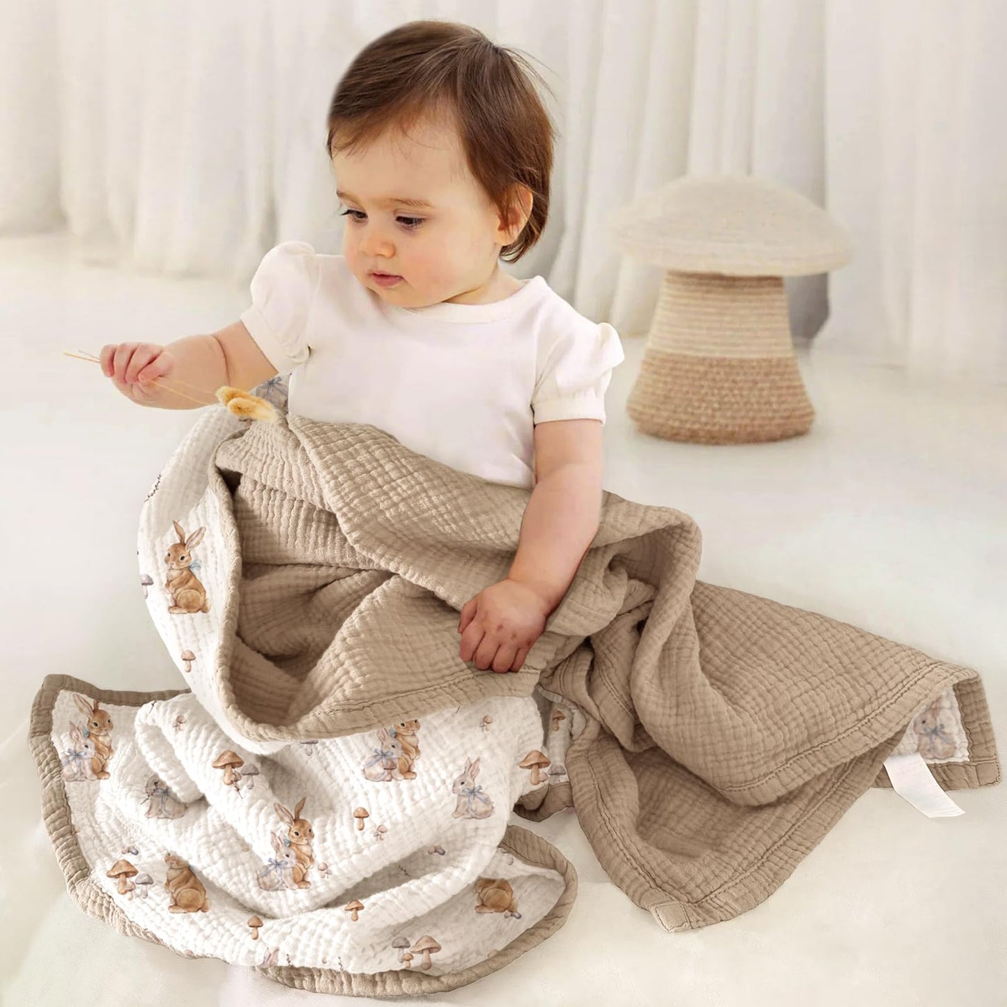 lulumoon Muslin Baby Blanket for Girls: Lightweight Cotton Blanket for Newborn - Soft Nursery Blanket for Stroller 47x47 Inches (Bunny)