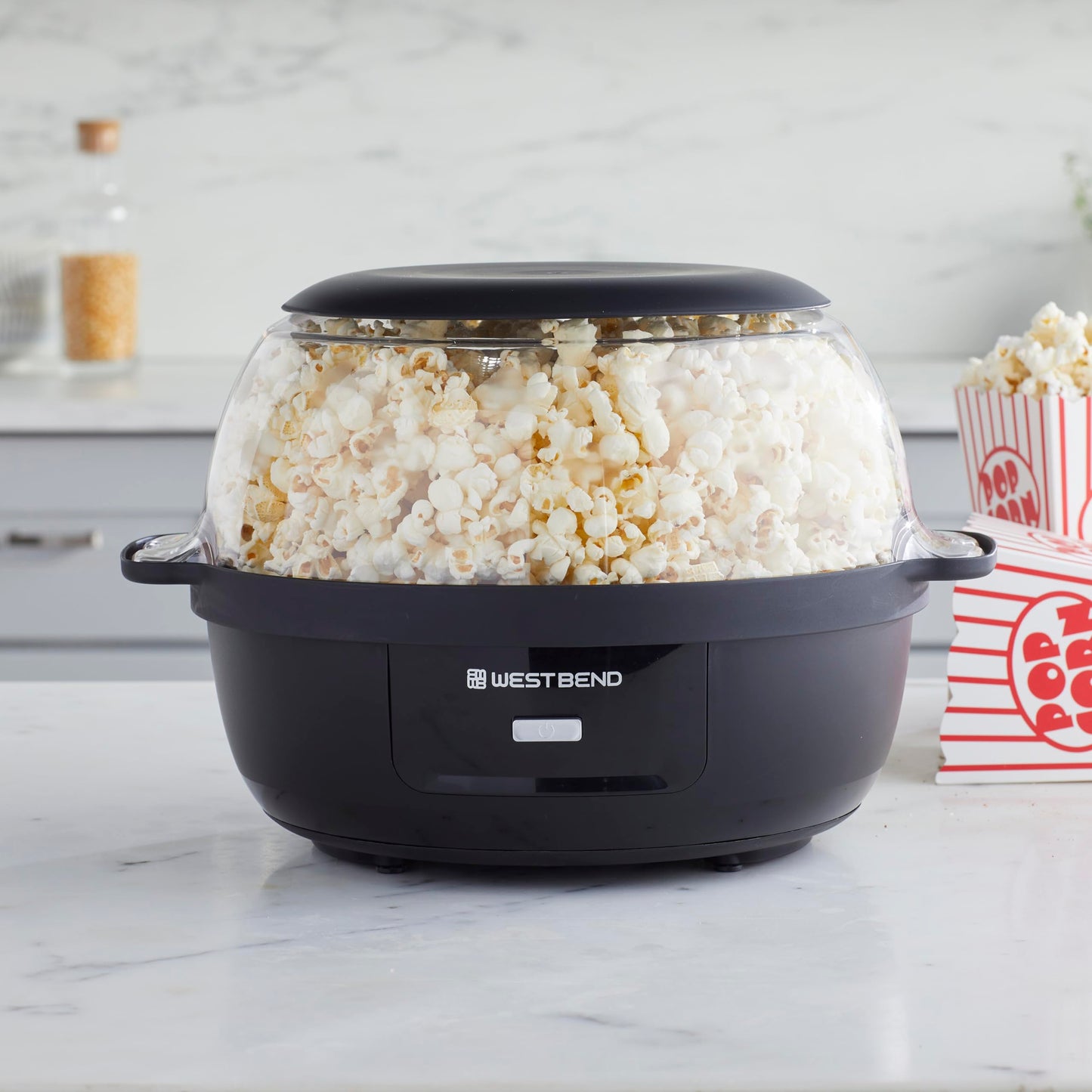 West Bend Stir Crazy Hot Oil Popcorn Popper, Popcorn Maker Machine with Large Serving Bowl Lid and Stirring Rod, 6 Qt, Black