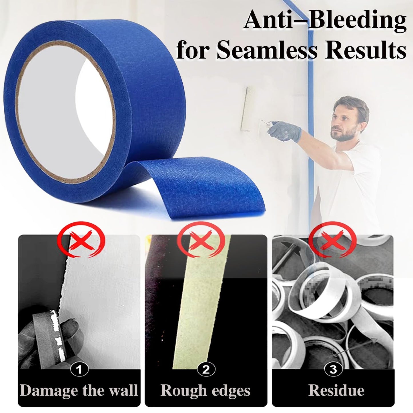 Blue Painters Tape, 10 Packs Painter Tape for General Purpose Use, UV Anti Residue Free, Wall Painting Masking with Sharp Lines for Painting Job, 50mm X 50m X 10 Rolls, 500m in Total.