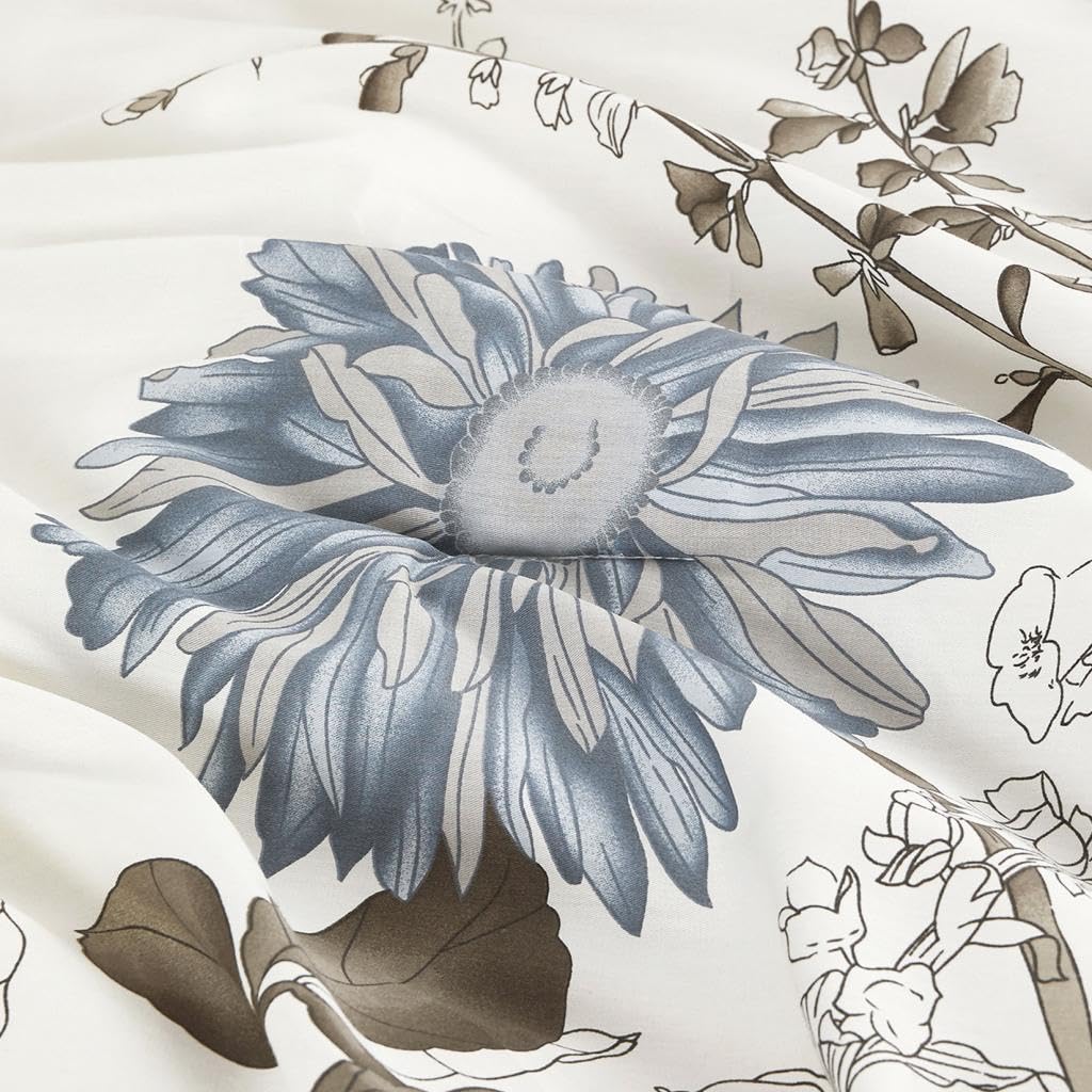 Wake In Cloud - Floral Comforter Set, Botanical Flowers Pattern Printed, 100% Cotton Fabric with Soft Microfiber Inner Fill Beddings (3pcs, Queen Size)
