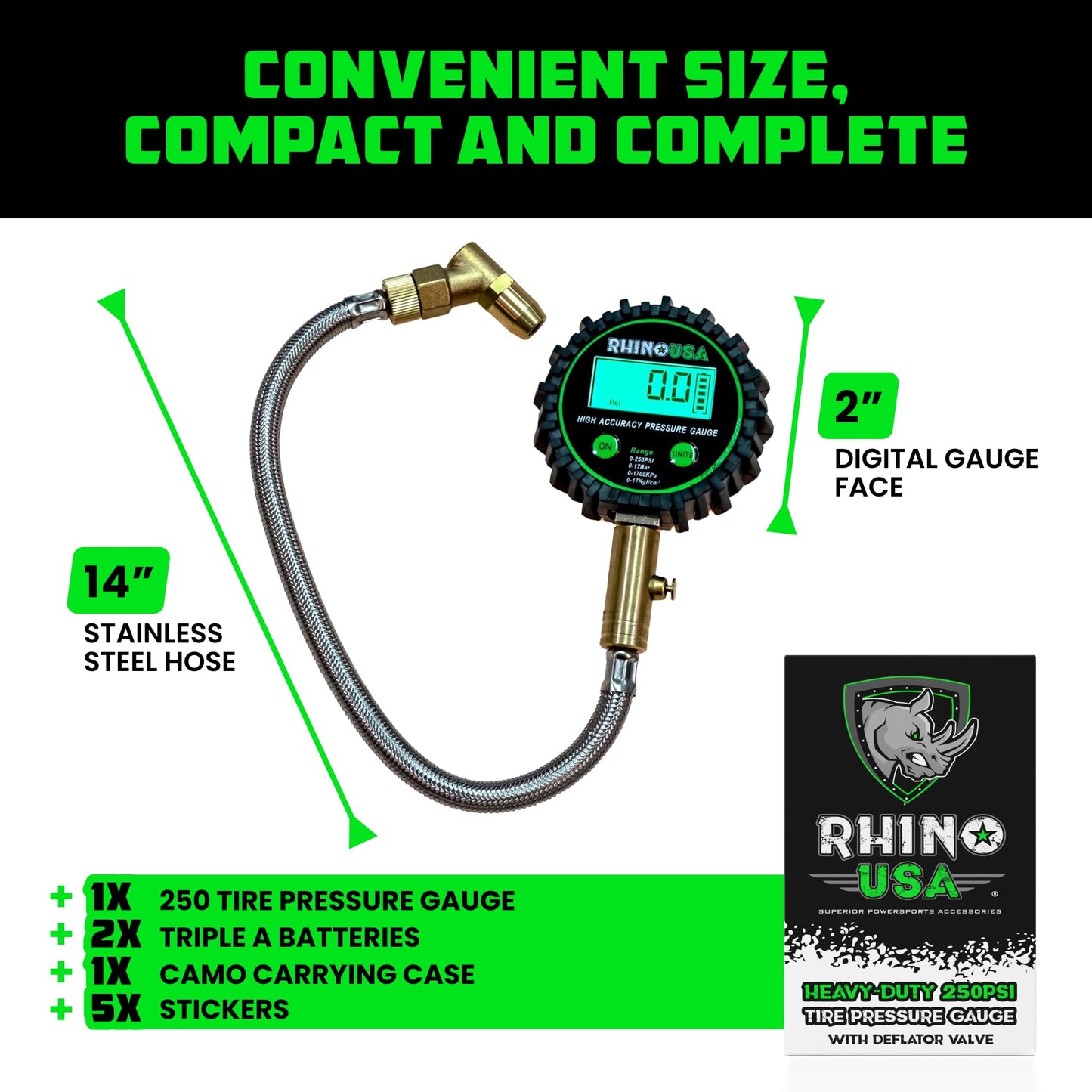 Rhino USA Digital Tire Pressure Gauge (0-250 PSI) - Professional ANSI B40.7 Accurate, Easy Read Glow Dial, Premium Braided Hose - Heavy Duty Air Guage for Truck Tires, Cars, Semi, RV & More!