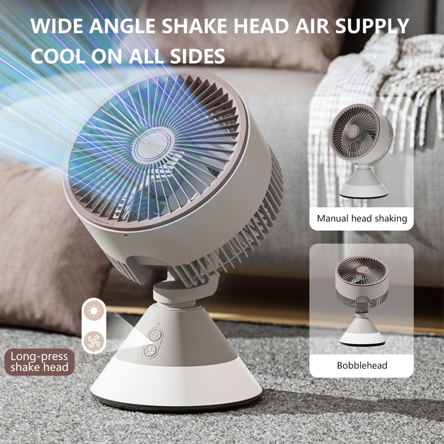 CIBAILbasr Small Desk Fan for Bedroom,10 Inches Portable Electric Table Air Circulation Fan,USB-C Rechargeable Powerful with 3 Speed 360° Adjustable Tilt for Whole Room (Gery)