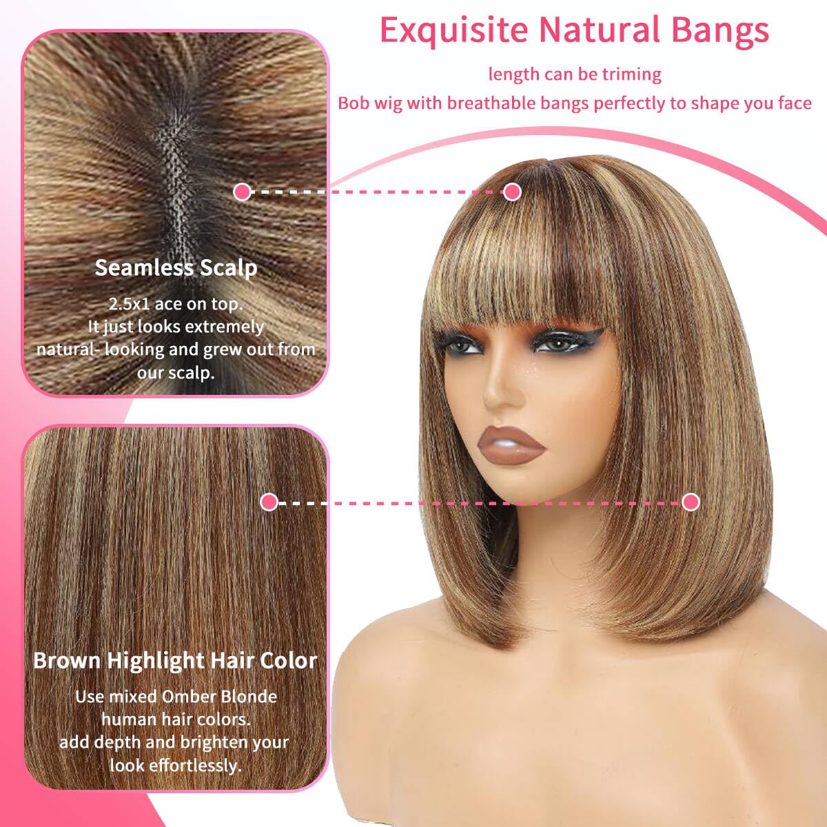 Bob Wig With Bangs Human Hair P4/27 Straight Wig Human Hair Short Human Hair Glueless Wear Wig Ombre Blonde Highlight Short Bob Wigs for Black Women 2.5X1 inch Bob Wig Human Hair 8Inch Short Bob