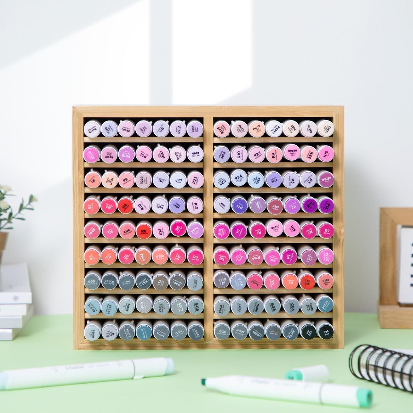 Ohuhu Bamboo Marker Organizer, Wooden Desktop Storage Hold 126 Markers, Markers Pens Pencils Art Brushes Stationary Organizer Pencil Holder with 18 Compartments