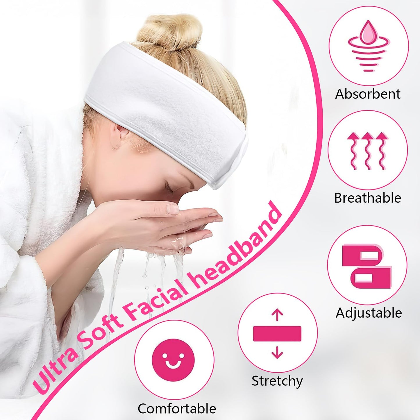 30 Pack Spa Headband Facial Esthetician Hair Wrap for Women Adjustable Makeup Sports Shower Stretch Towel with Tape