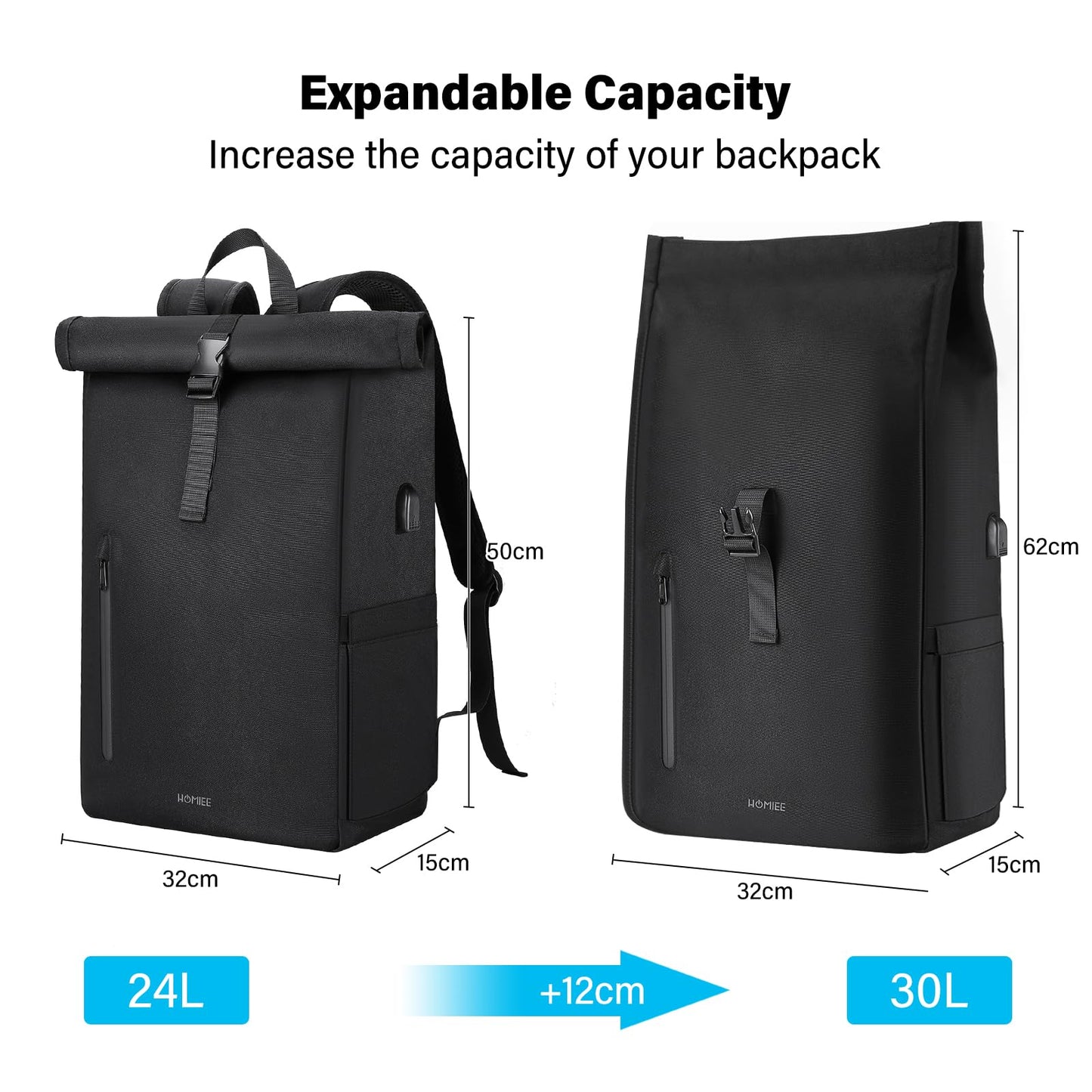 HOMIEE Rolltop Laptop Backpack for 17.3 Inch, Lightweight 24L-30L Expandable Waterproof Anti-theft Backpacks with USB Port Computer Daypack School Bag for Work Travel Men Women
