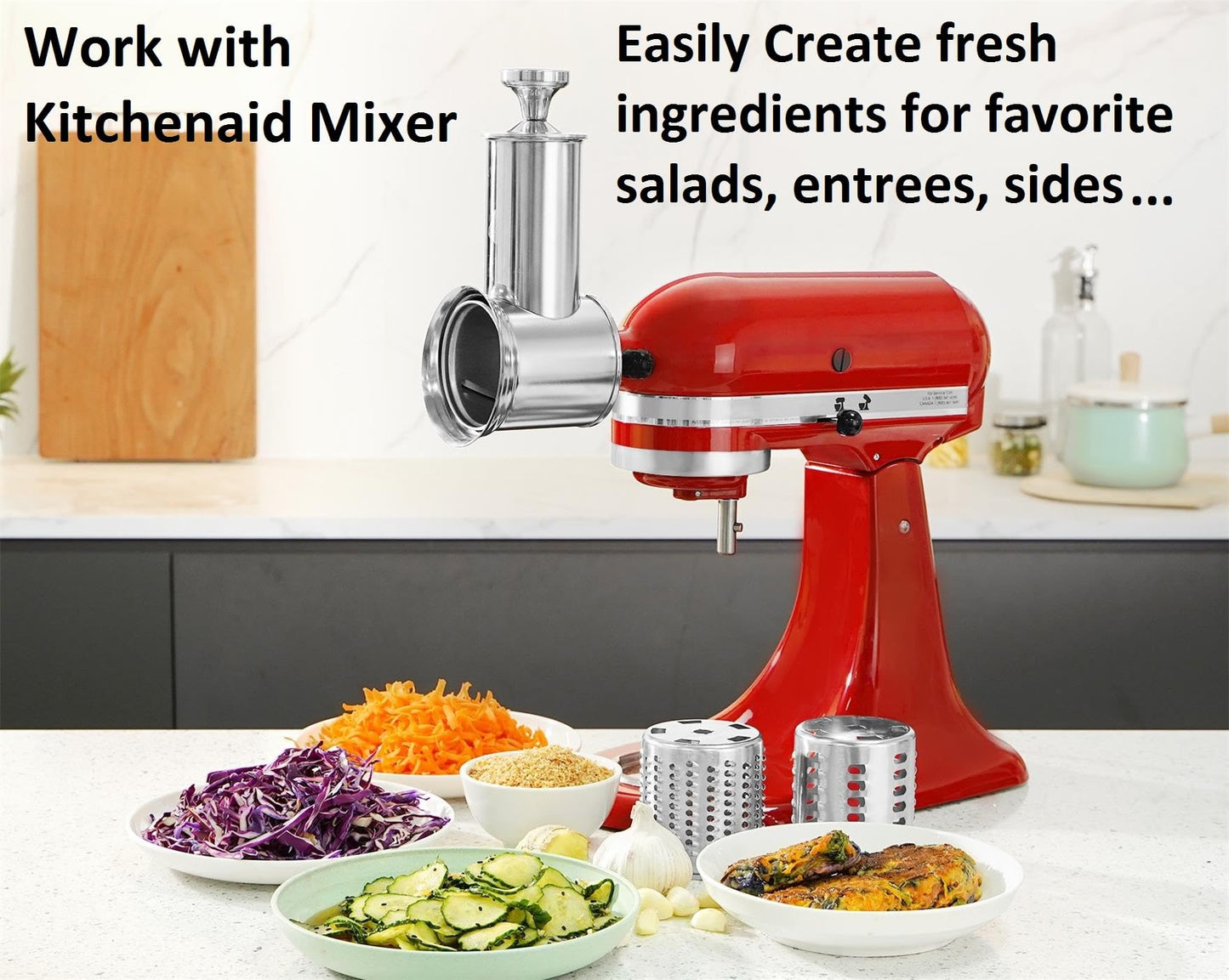 Stainless Steel Slicer Shredder Attachment for KitchenAid Mixers, Dishwasher Safe Vegetable Salad Maker Accessories with 3 Cutting Blades