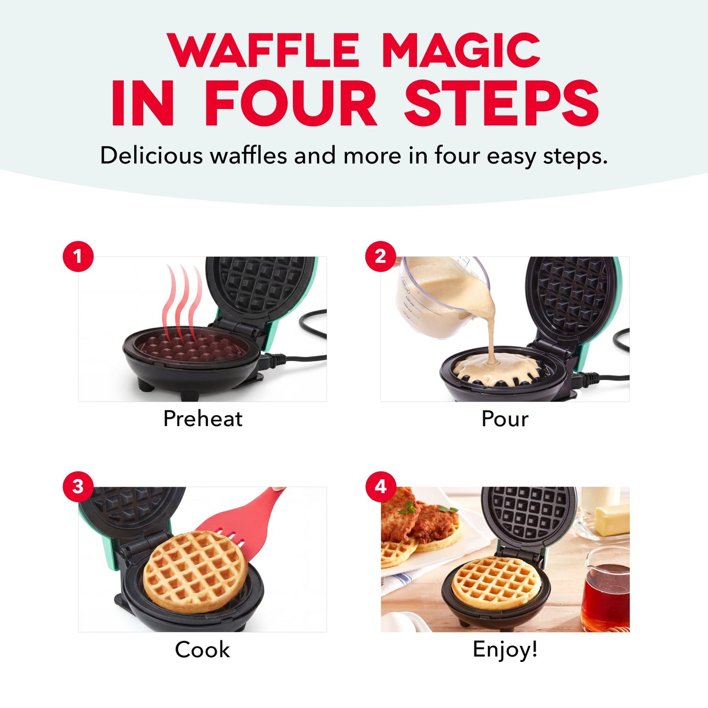 Dash Mini Waffle Maker - 4” Waffle Mold, Nonstick Waffle Iron with Quick Heat-Up, Nonstick Surface - Perfect Mini Waffle Maker for Kids and Families, Just Add Batter (Red)