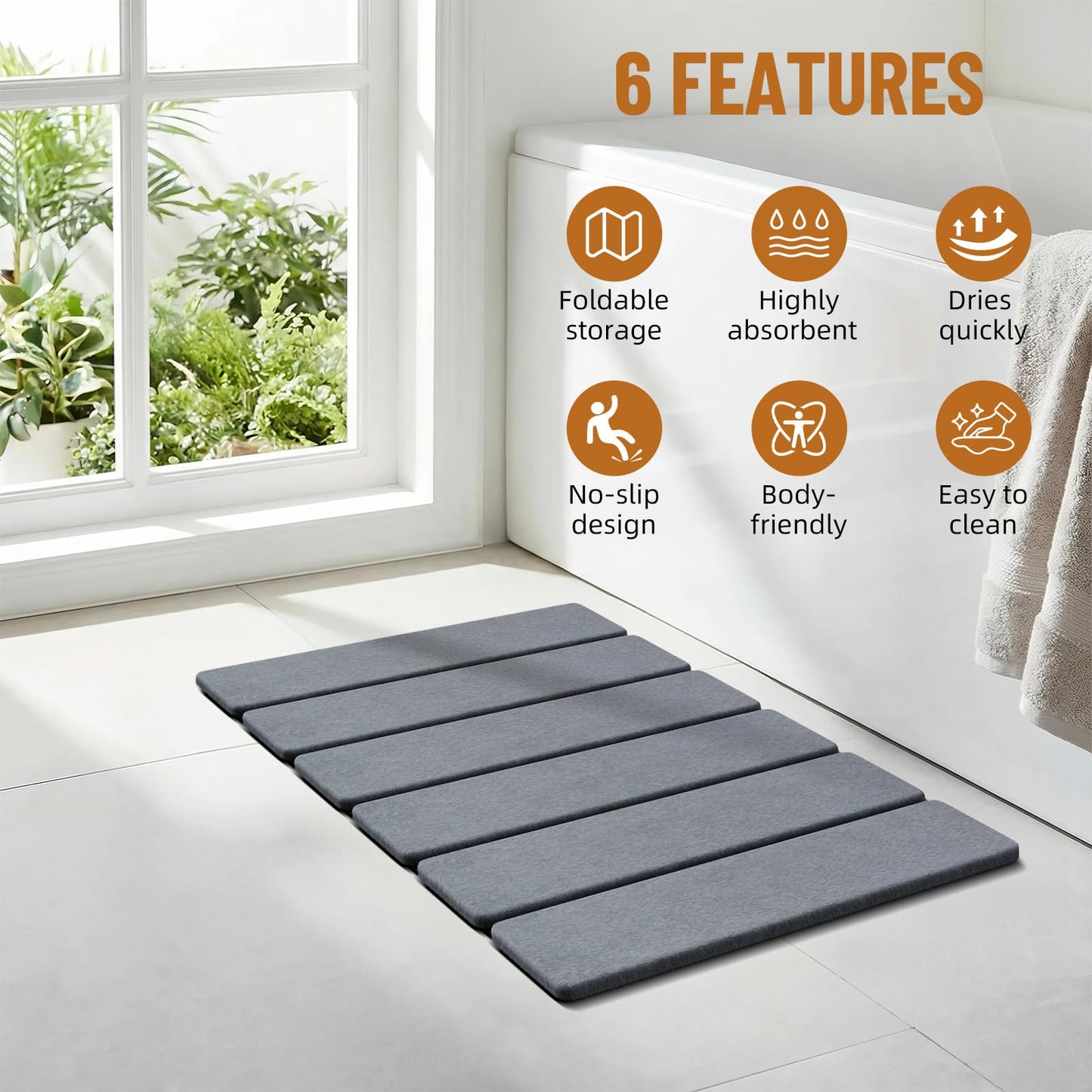 Luxspire Stone Bath Mat Foldable, Quick Drying Diatomaceous Earth Bath Mat for Bathroom, Large Bathroom Rug with Non-Slip Rubber Base, Easy Clean Shower Mat Outside Shower, 24 x 16 inch, Dark Gray