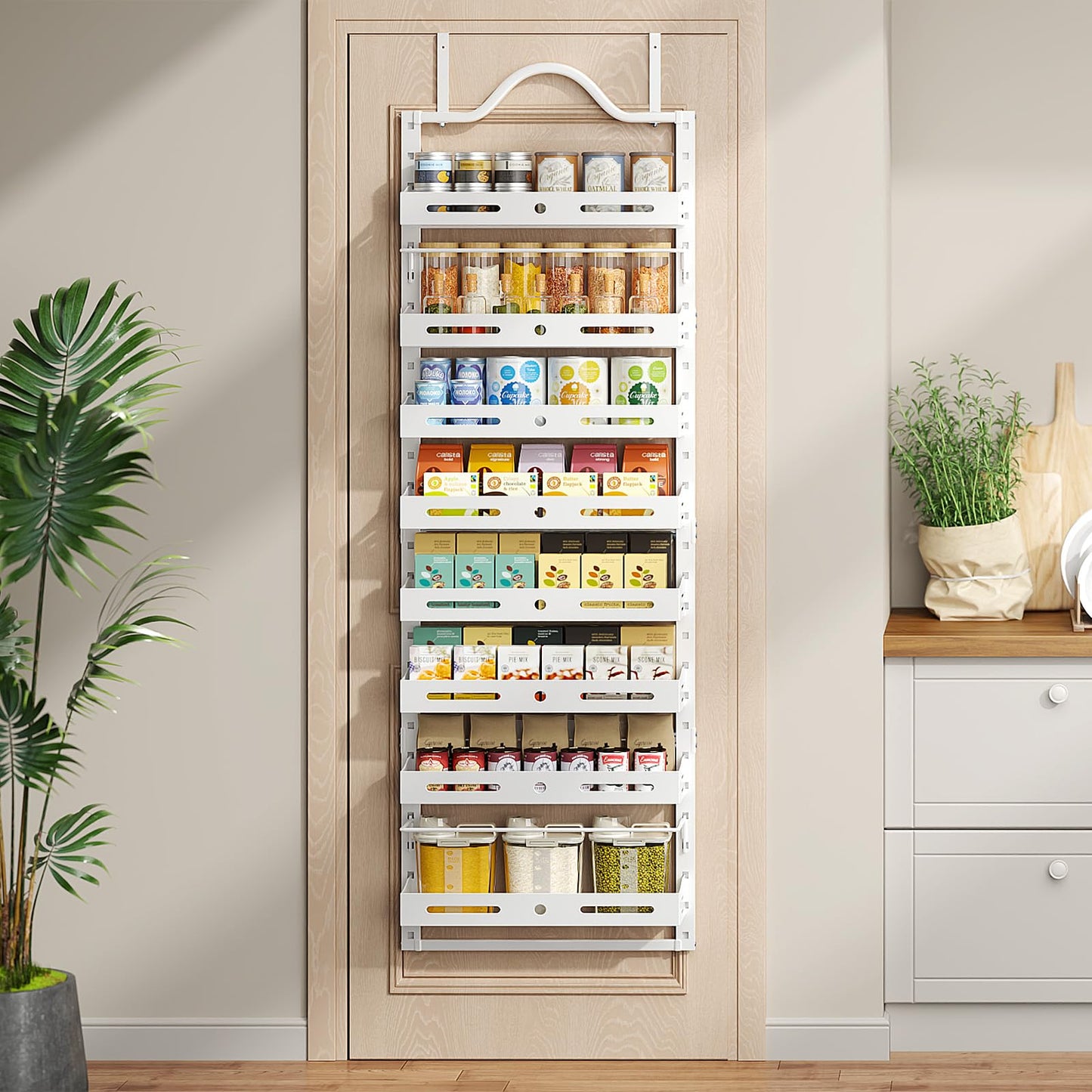 8-Tier Over The Door Pantry Organizer, Large 2 IN 1 Wall Mount or Hanging Spice Rack, Pantry Door Organizer and Storage with Adjustable Basket, Door Spice Rack for Pantry, White
