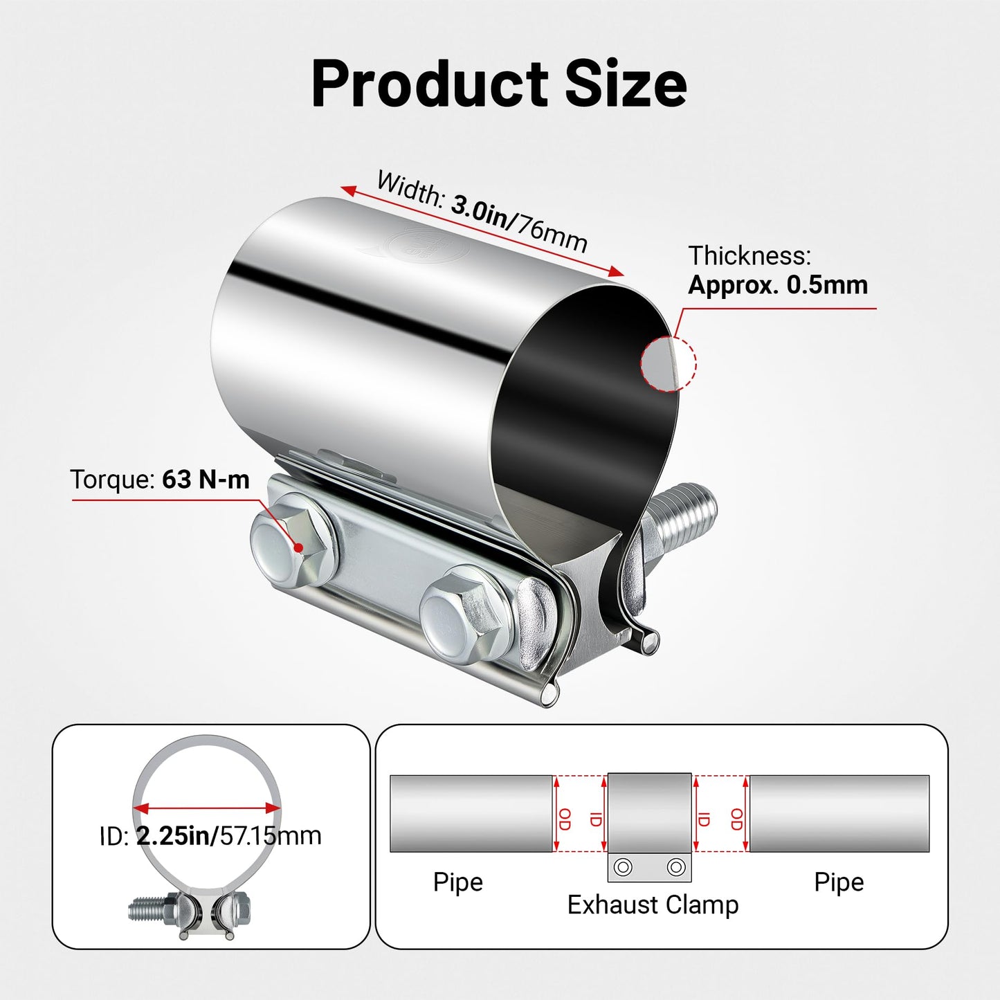 EVIL ENERGY 2.25 Inch Exhaust Clamp,2 1/4" Butt Joint Band Clamp Sleeve Coupler Stainless Steel for Pipes,Mufflers,Catalytic Converters 4PCS