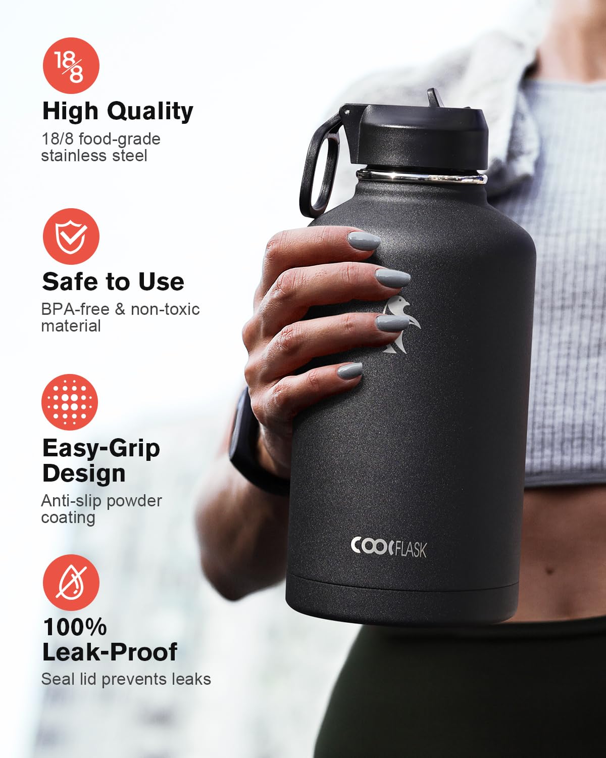 Water Bottle Insulated 64 oz with Straw & 3 Lids, Coolflask Large Metal Stainless Steel Water Jug Big Half Gallon Wide Mouth for Sports, Gym or Office, BPA-Free Keep Cold 48H Hot 24H, Magic Black