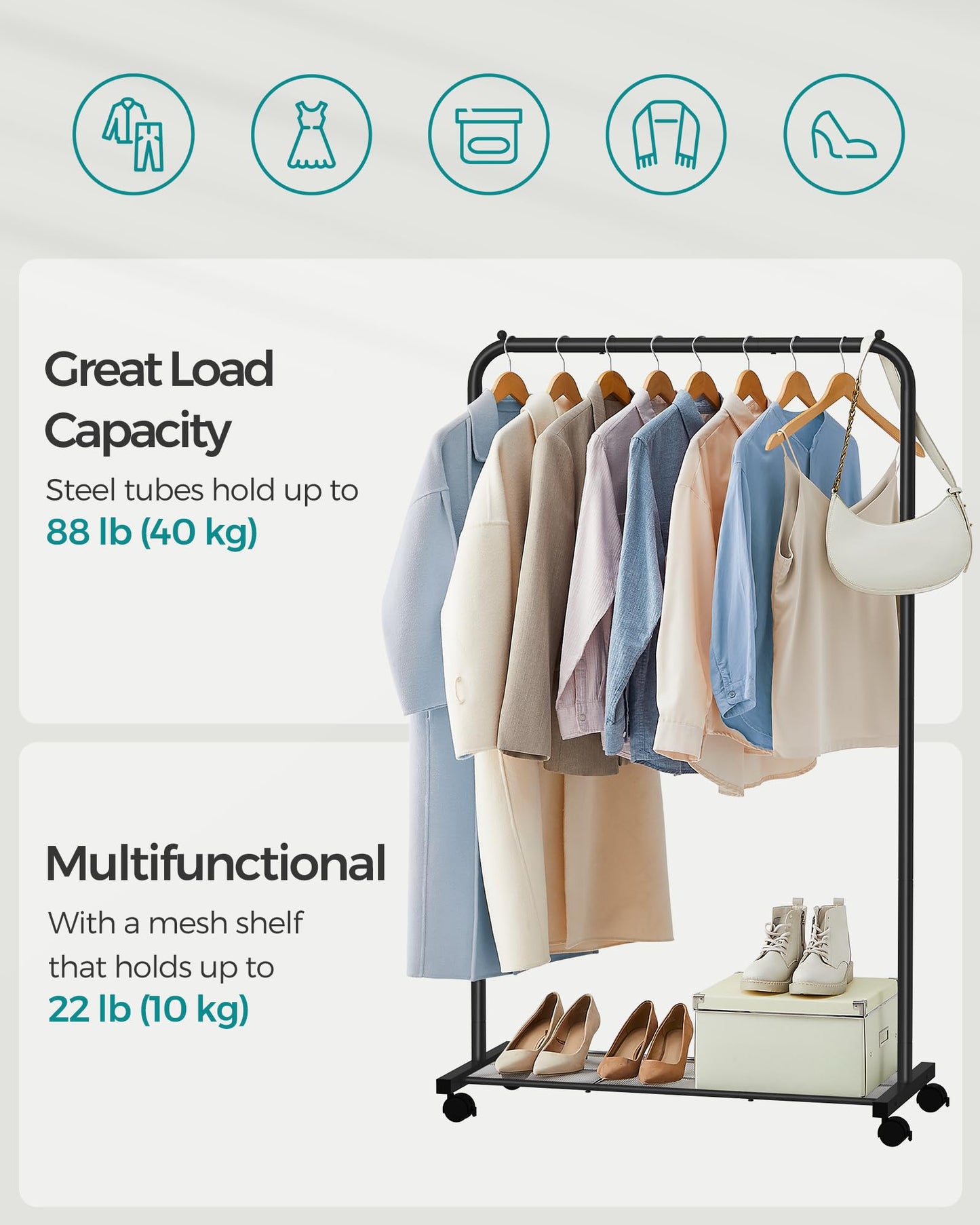 SONGMICS Clothes Rack with Wheels, 35.8 Inch Garment Rack, Clothing Rack for Hanging Clothes, with Dense Mesh Storage Shelf, 110 lb Load Capacity, 2 Brakes, Steel Frame, Black UHSR25BK