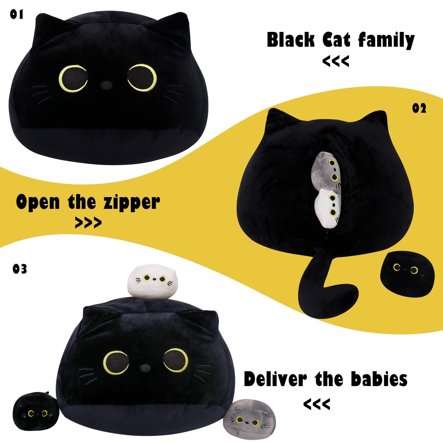 WeBingo Black Cat Plush Toy 4PK, 16'' Giant Cat Stuffed Animal Plushies Pillow with 3 Babies for Girl Boy Kid Adult, Large Big Soft Gift for Birthday Christmas Valentine's Day Home Decor