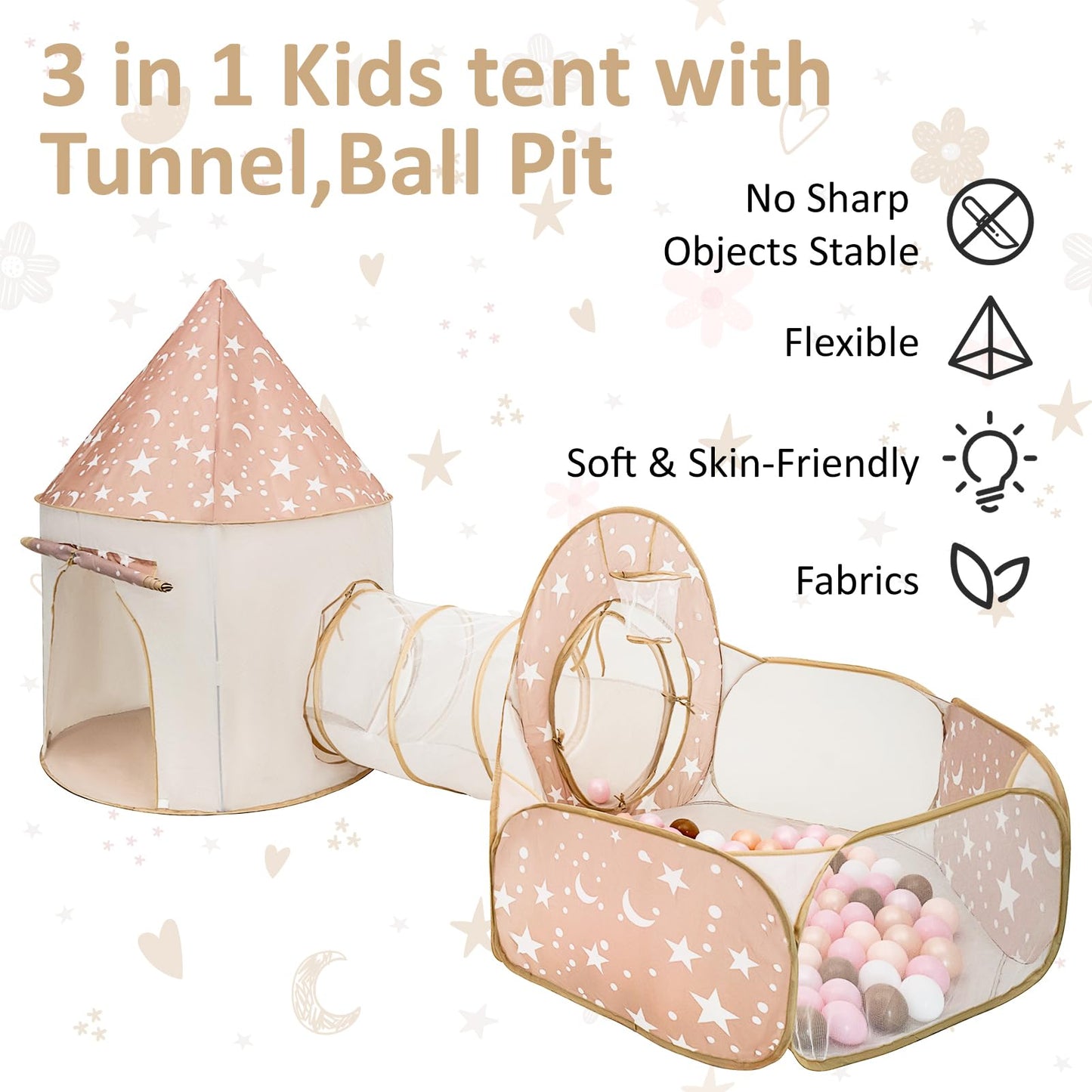 3 in 1 Kids Play Tent with Tunnel, Pop Up Play Tent with Ball Pits for Toddlers and Playhouse Kids Indoor & Outdoor, Perfect Kid’s Gifts