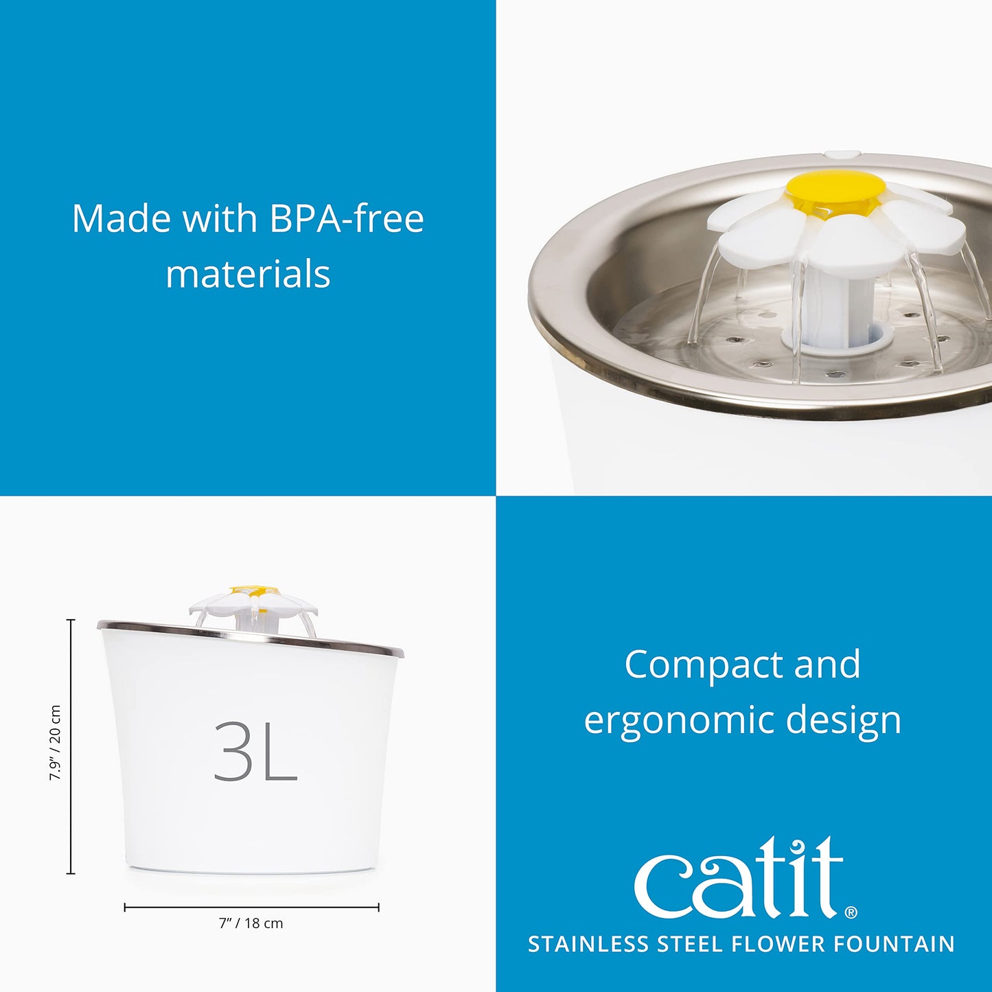 Catit Stainless Steel Top Flower, Cat Water Fountain, 3L White, Modern Cat Fountain, Triple Filtration, Fontaine Pour Chat, Pet Water Fountains, Perfect for Indoor Cats