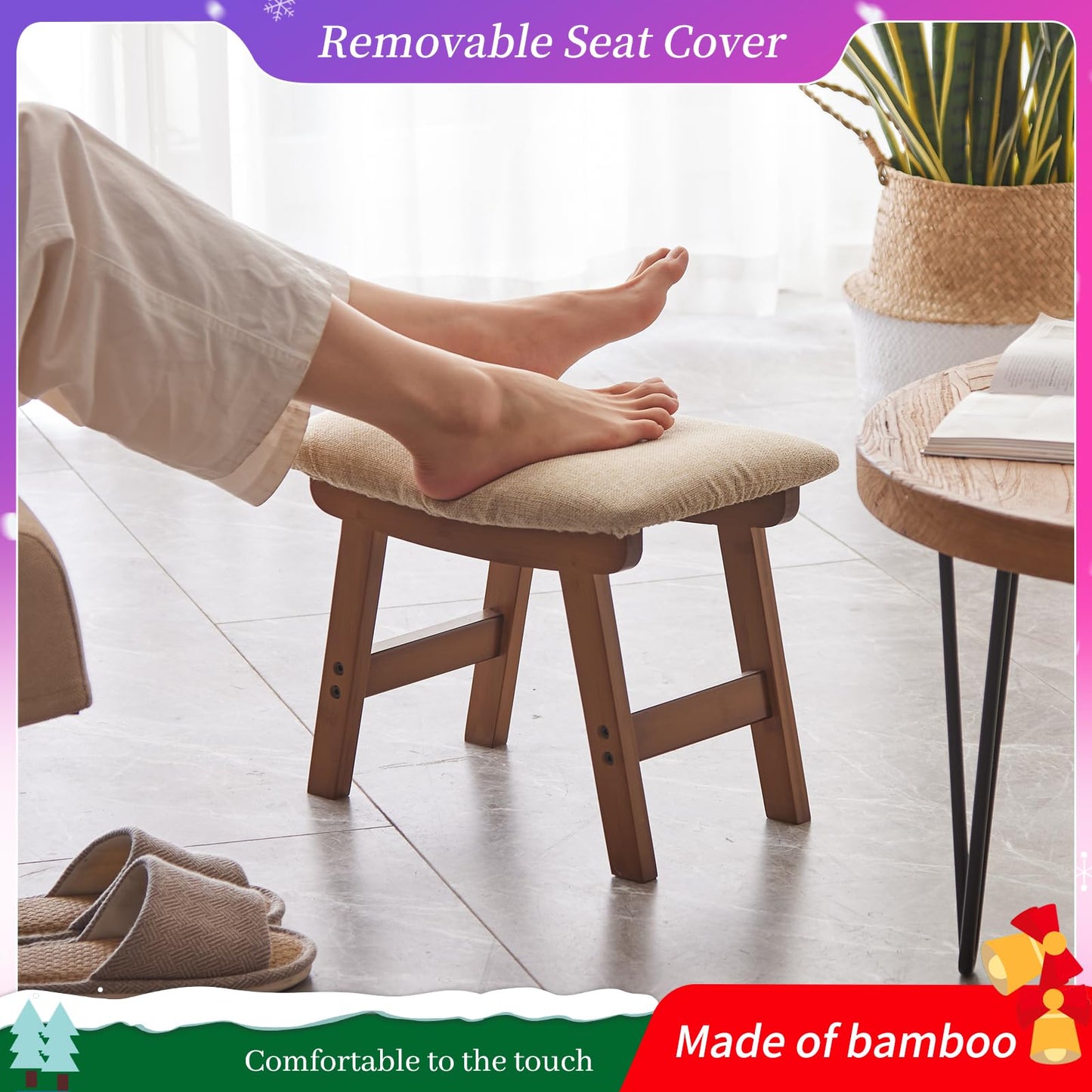 Kitsanery Foot Stool,Ottoman and Footstool,Small Sofa Foot Rest,Bamboo Foot Stool Under Desk,Extra Seating for Living Room, Bedroom and Kitchen (Brown Stool Legs - Beige Surface)