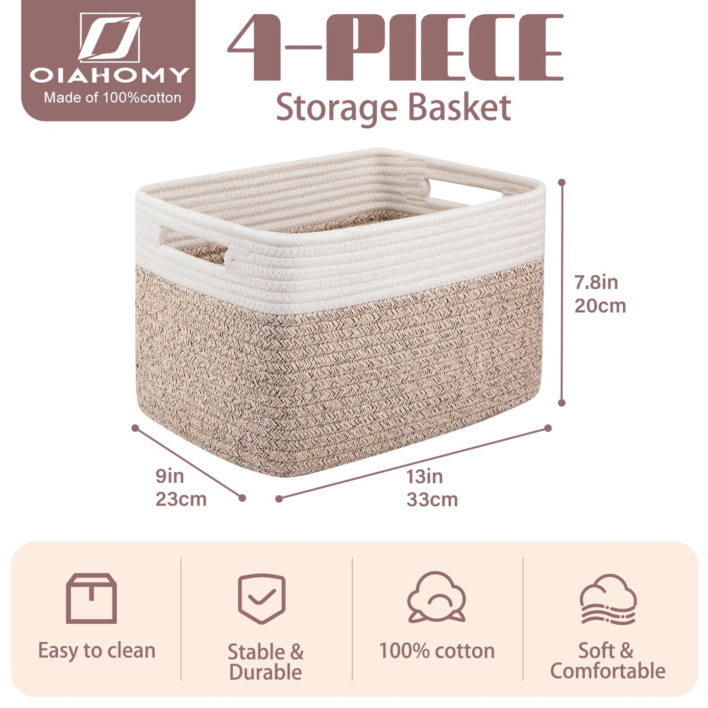 OIAHOMY 4 pack storage baskets with handle， baskets for organising, woven baskets for toys, towels, books, storage baskets for shelves, 13‘’Lx9‘’Wx7.8‘’H, Brown & White