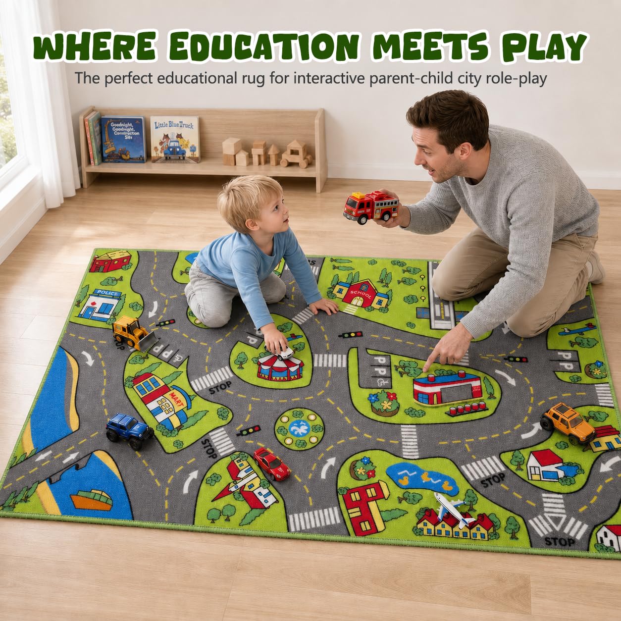 Large Kids Carpet Playmat Rug 32" x 52" with Non-Slip Backing, City Life Play Mat for Playing with Car Toy, Game Area for Baby Toddler Kid Child Educational Learn Road Traffic in Bedroom, Classroom