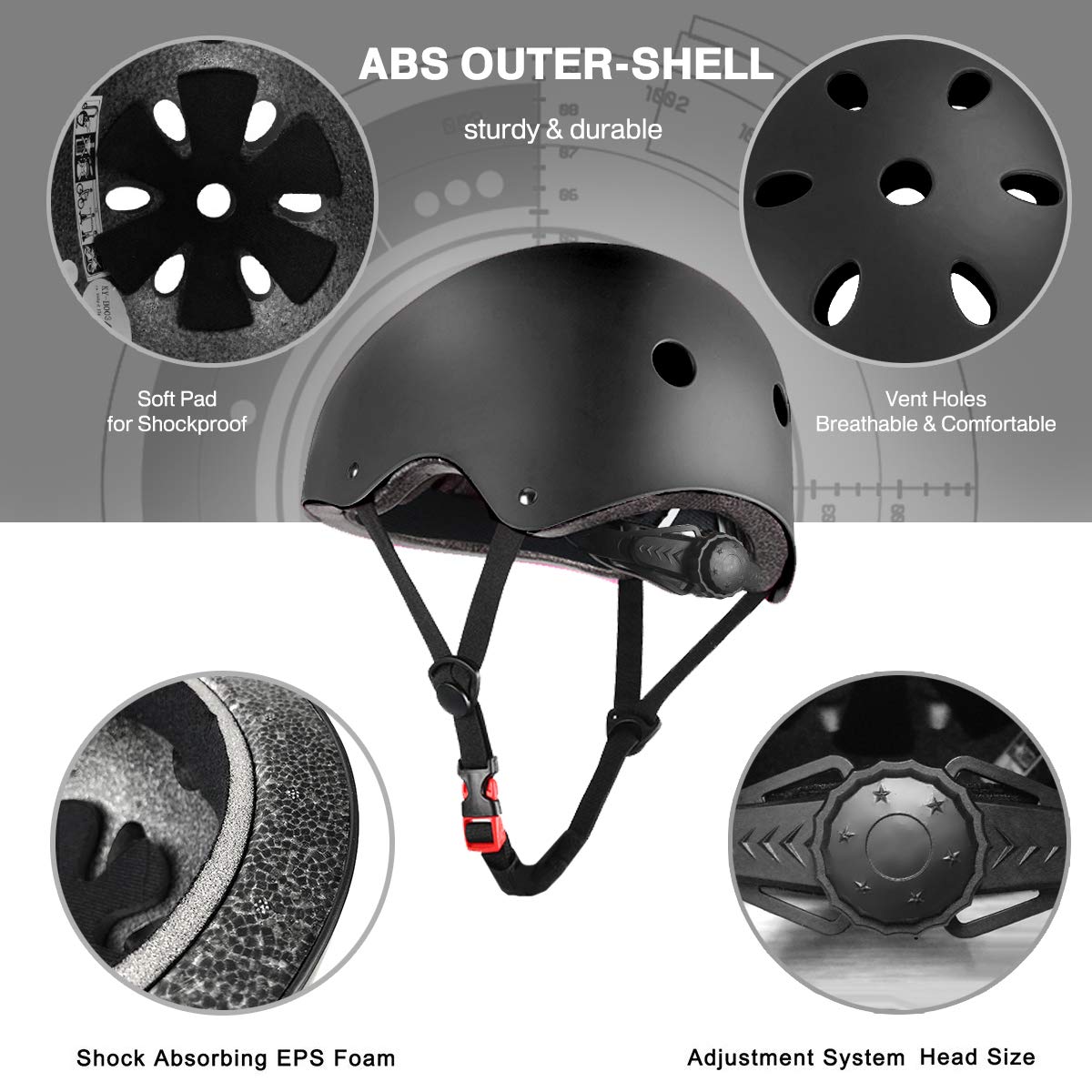 Upgraded Besmall Skate/Skateboarding Helmet, Ultimate Adjustable ABS Shell Helmet for Cycling/Skateboard/Skate Inline Skating/Rollerblading Protective Gear Suitable for Kid/Youth/Adult, Medium Black