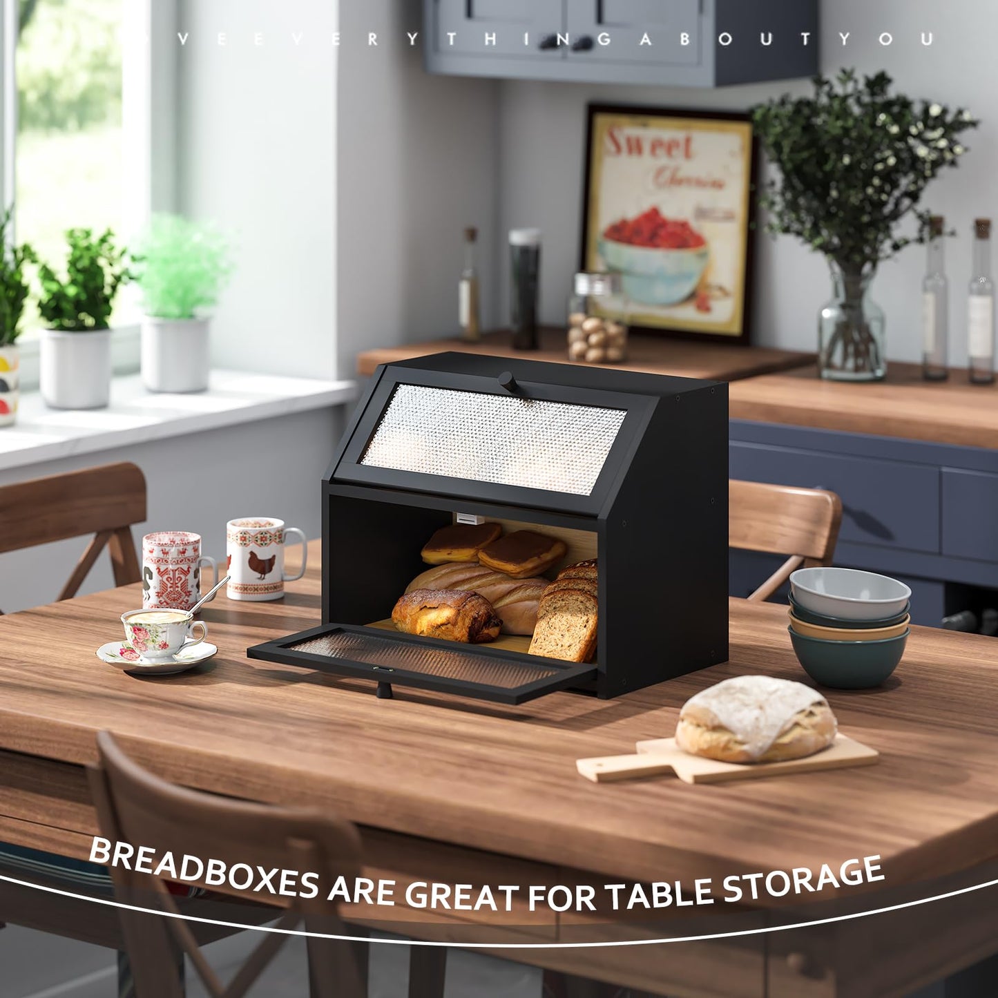 Bread Box for Kitchen Countertop Bin Double Layer Bread Box Storage Container Extra Large Capacity Farmhouse with Diamond Pattern Windows (Black)