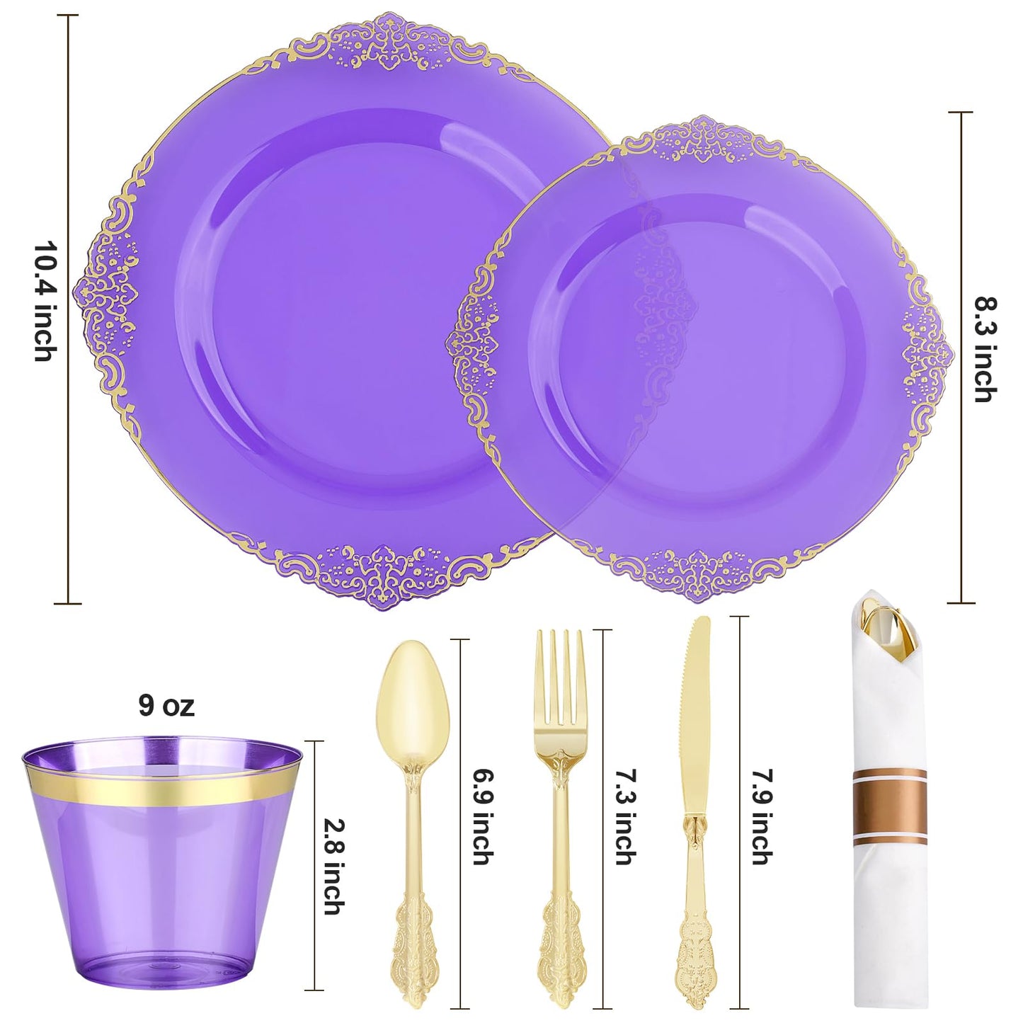 Bestluck 350 PCS Purple and Gold Plastic Plates, Disposable Dinnerware Set for 50 Guests, 100 Disposable Plates, 150 Silverwares, 50 Cups, 50 Napkins for Wedding, Party