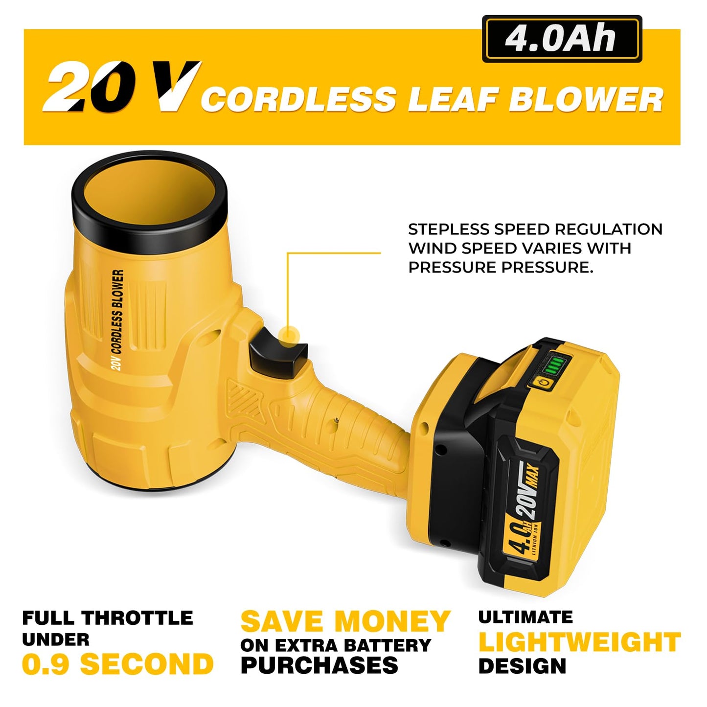 Cordless Leaf Blower Compatible with DEWALT 20V Max Battery, 125-MPH 430-CFM Handheld Electric Dust Blower, Battery Powered Leaf Blowers for Keyboards Patio Rain Snow Removal (Battery Included)