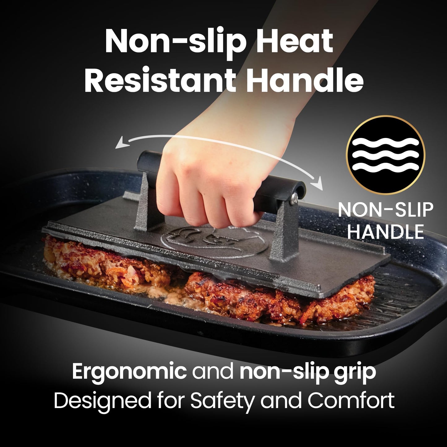 3lb Cast Iron Grill Press, Heavy Duty Smash Burger Press for Griddle Heat Resistant Handle, Burger Smasher, Hamburger Press, Grill Press for Griddle, Bacon Press Meat Press, BBQ Grill Accessories