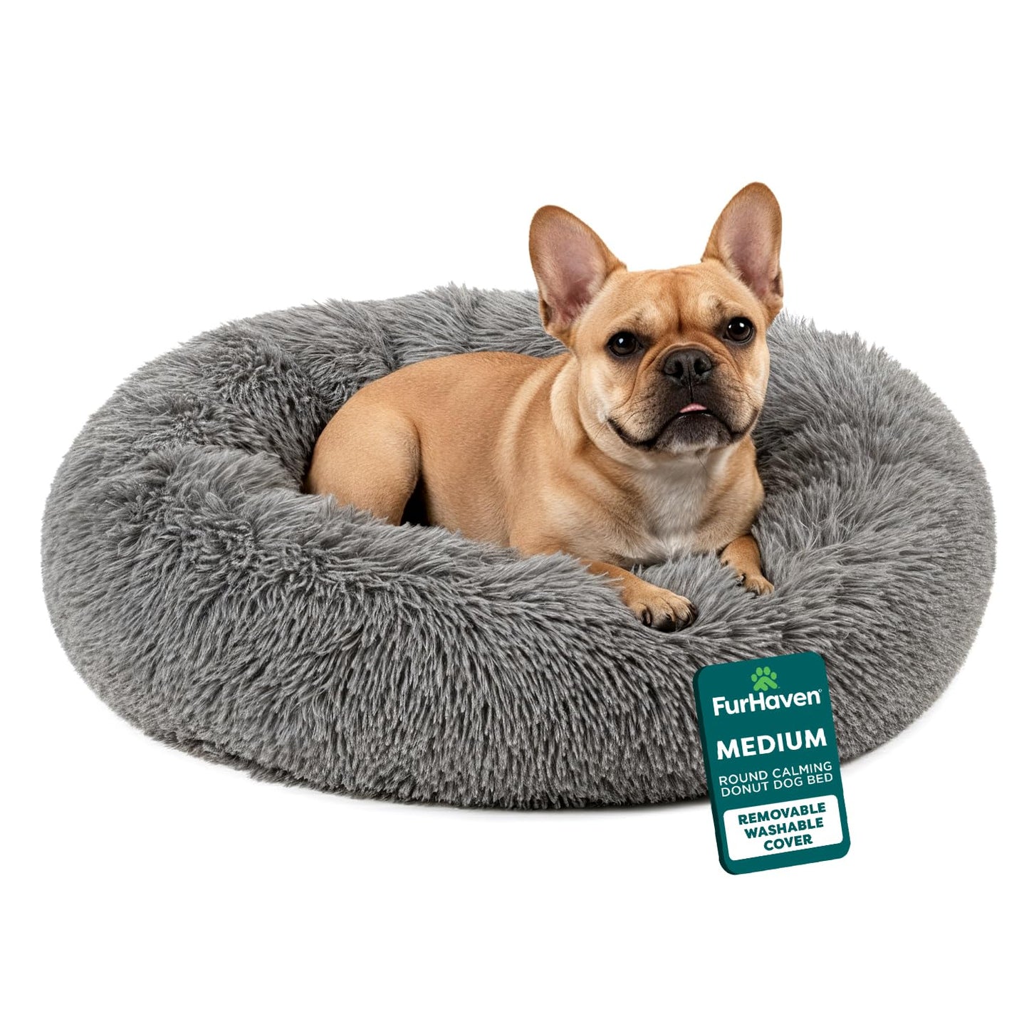 Furhaven 30" Round Medium Donut Dog Bed Plush Long Faux Fur Calming Cuddler w/Removable Washable Cover - Gray, Medium