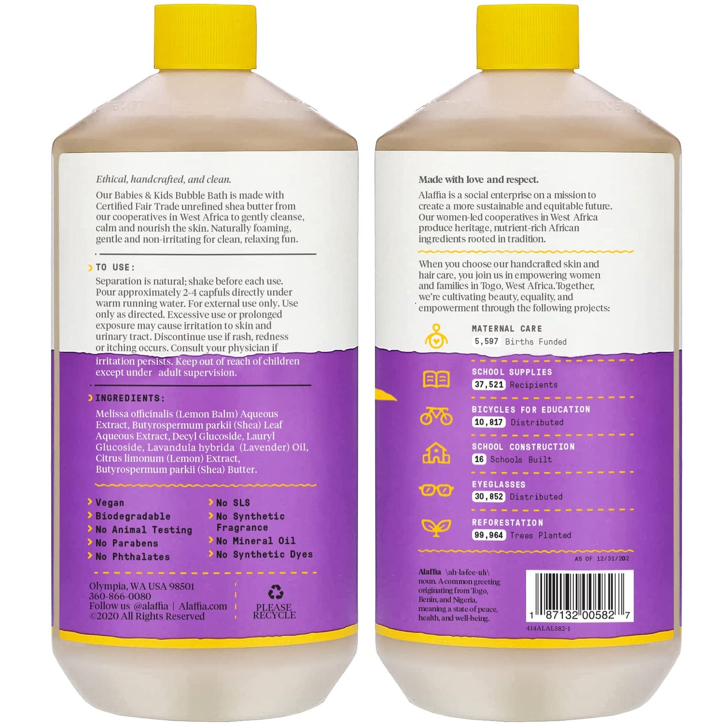 Alaffia Babies and Kids Bubble Bath, Gentle Baby Essentials for Delicate Skin, Cleansing & Calming Bubbles, Plant Based Formula, Vegan, Lemon Lavender (2 Pack - 32 Fl Oz Ea)