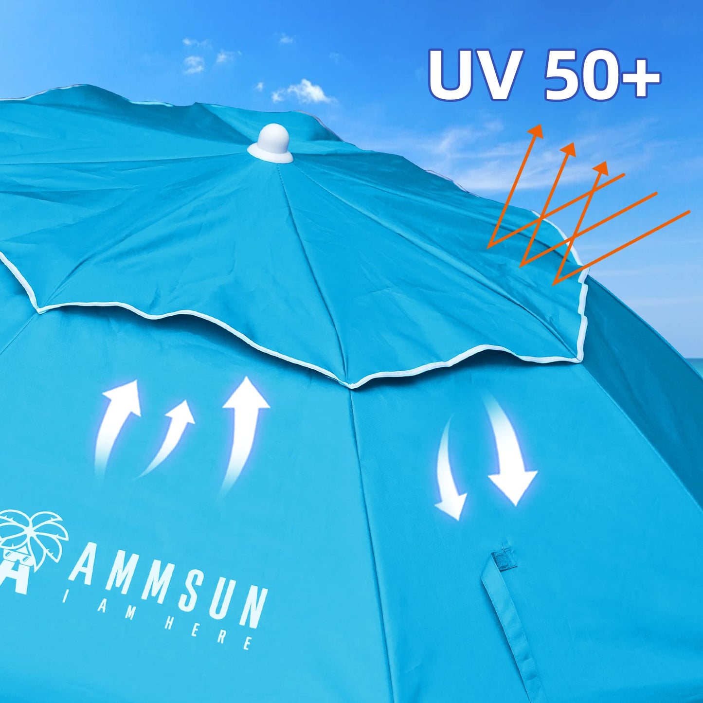AMMSUN 6ft Folded Travel Beach Umbrella fit in Suitcase with Sand Anchor Tilt Silver Coating Inside UPF 50+UV Protection Portable Compact Foldable beach umbrella for Travel,Sun and Outdoor Sky Blue