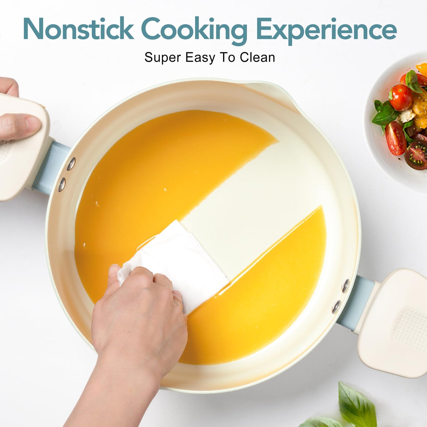 MICHELANGELO Pasta Pot with Strainer Lid - 6 Quart Cooking Pot with Lid, Non Stick Spaghetti Pot Ceramic Coated with Twist and Lock Handles for Easy Draining, Induction Compatible, Soft Aqua
