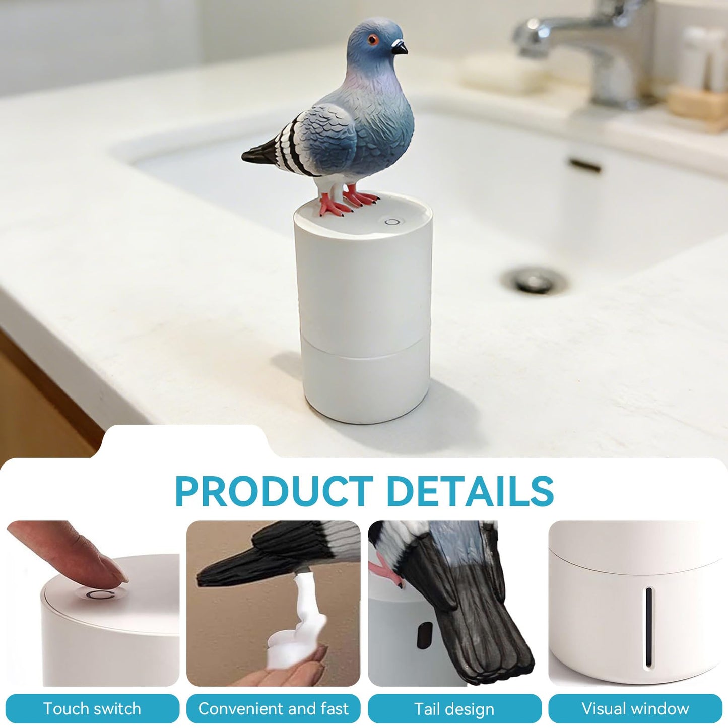 Automatic Foam Soap Dispenser, Pigeon Touchless Foaming Hand Soap Dispenser Automatic Induction Refillable Bird Shaped for Kitchen Bathroom Restaurant Office