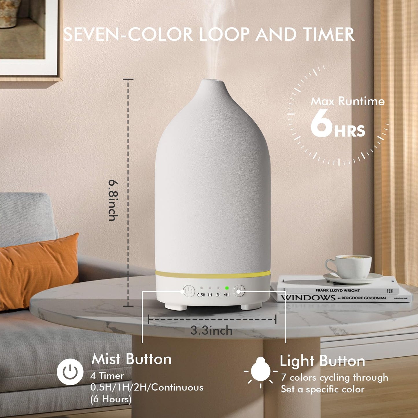 Essential Oil Diffuser Ultrasonic Aromatherapy Diffuser 150ml Ceramic Stone Aroma Diffuser with 7 Colors LED Night Light 4 Timer Setting and Auto Shut Off Protection for Home Office Yoga SPA