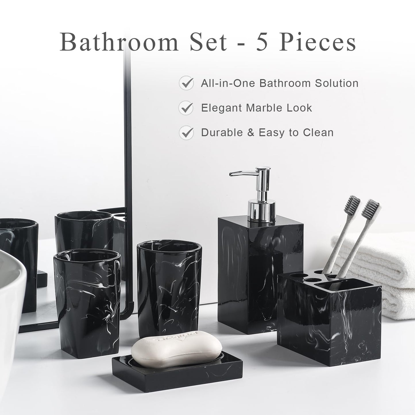 5 Piece Bathroom Accessories Set, Marble Resin Bathroom Vanity Set, Soap Dispenser, Toothbrush Holder, Soap Dish & 2 Tumblers, Bathroom Countertop Organizer Set (Ink Black)