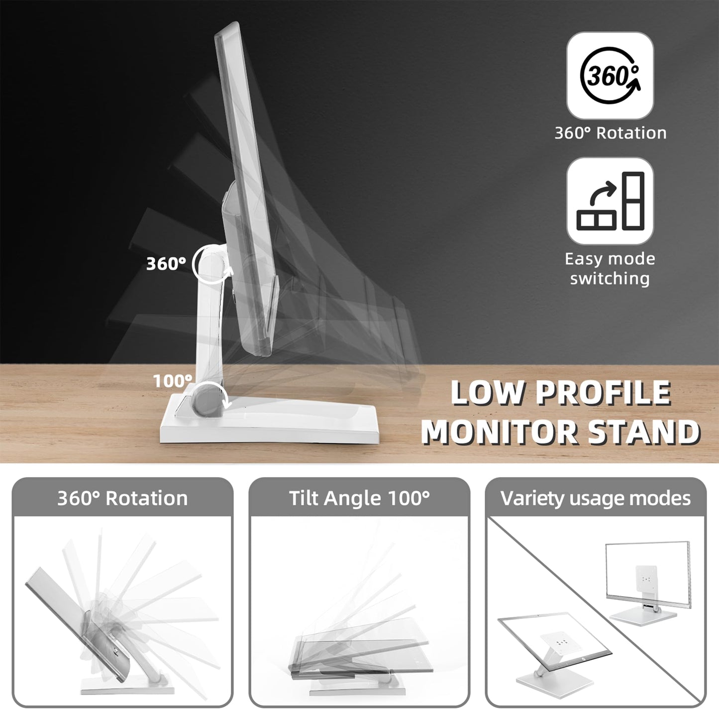 WEARSON Vesa Monitor-Mount Stand Low Profile - Lay Flat Folding Monitor Stand With VESA 75x75 and 100x100 White