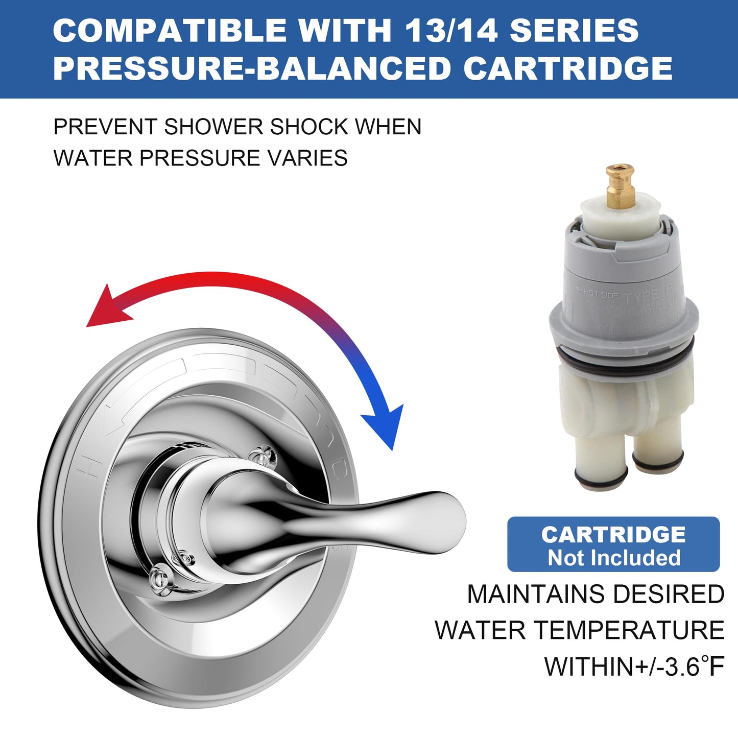 Replacement for D Faucet Classic 13 Series Single-Function Shower Valve Trim Kit, Shower Handle, Chrome Shower Trim Kit T13020 (Cartridge and Valve Not Included)