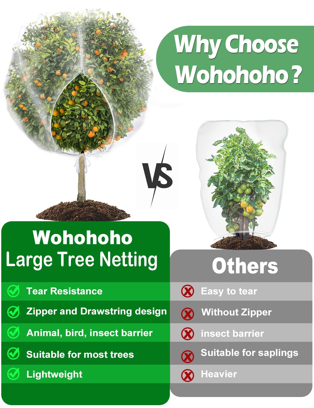 wohohoho 2Pcs 6.6 x 6.6ft Large Fruits Tree Netting, Insect Bird Barrier Tree Net with Drawstring and Zipper, Plant Cover Tree Protection to Prevent Tomato Blueberry Vegetables from Squirrel Bird