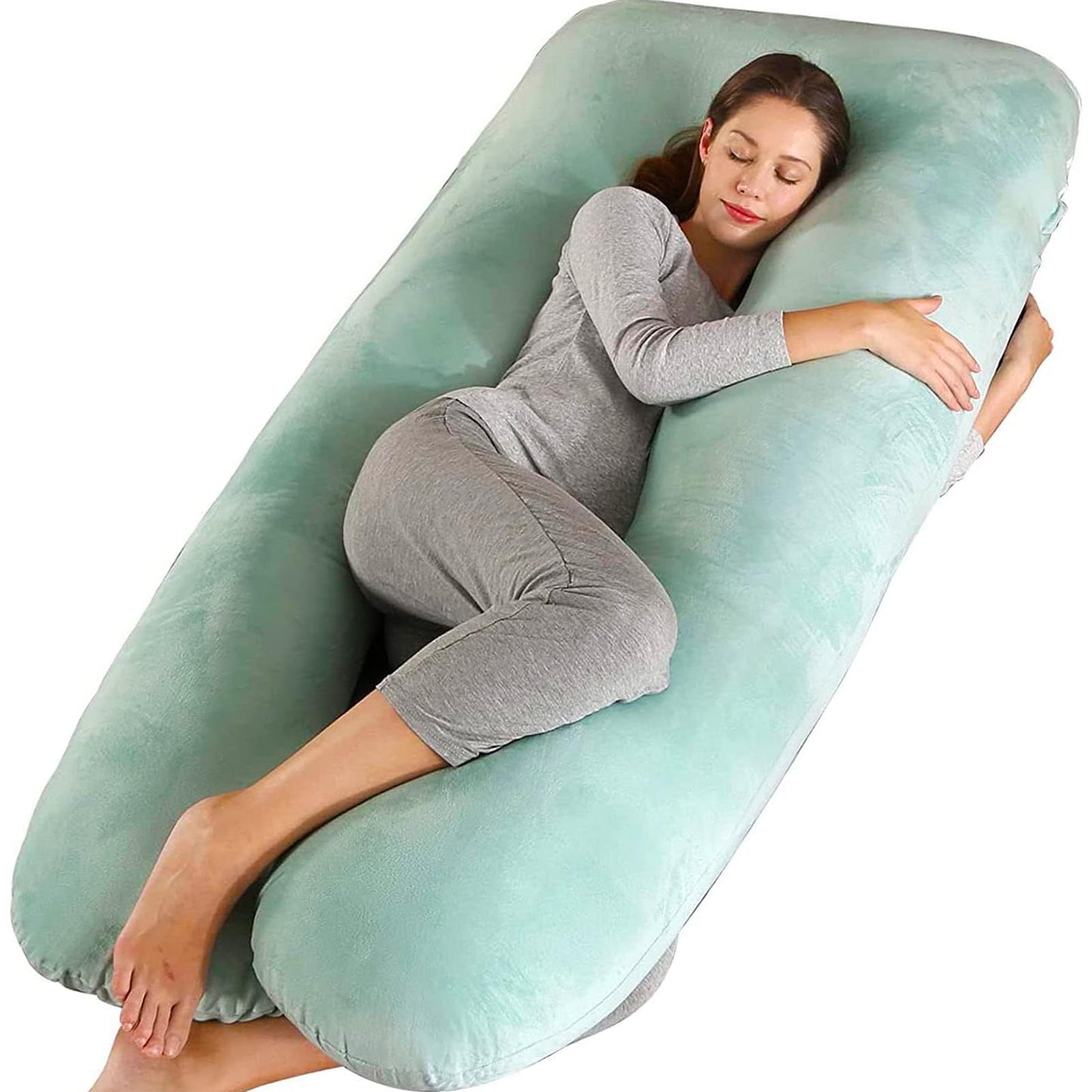 Amagoing 55 inches Pregnancy Pillows for Sleeping, U Shaped Maternity Full Body Pillow for Pregnant Women with Hip, Leg, Back, Belly Support, Washable Velet Cover Included (Velvet Mint Green)