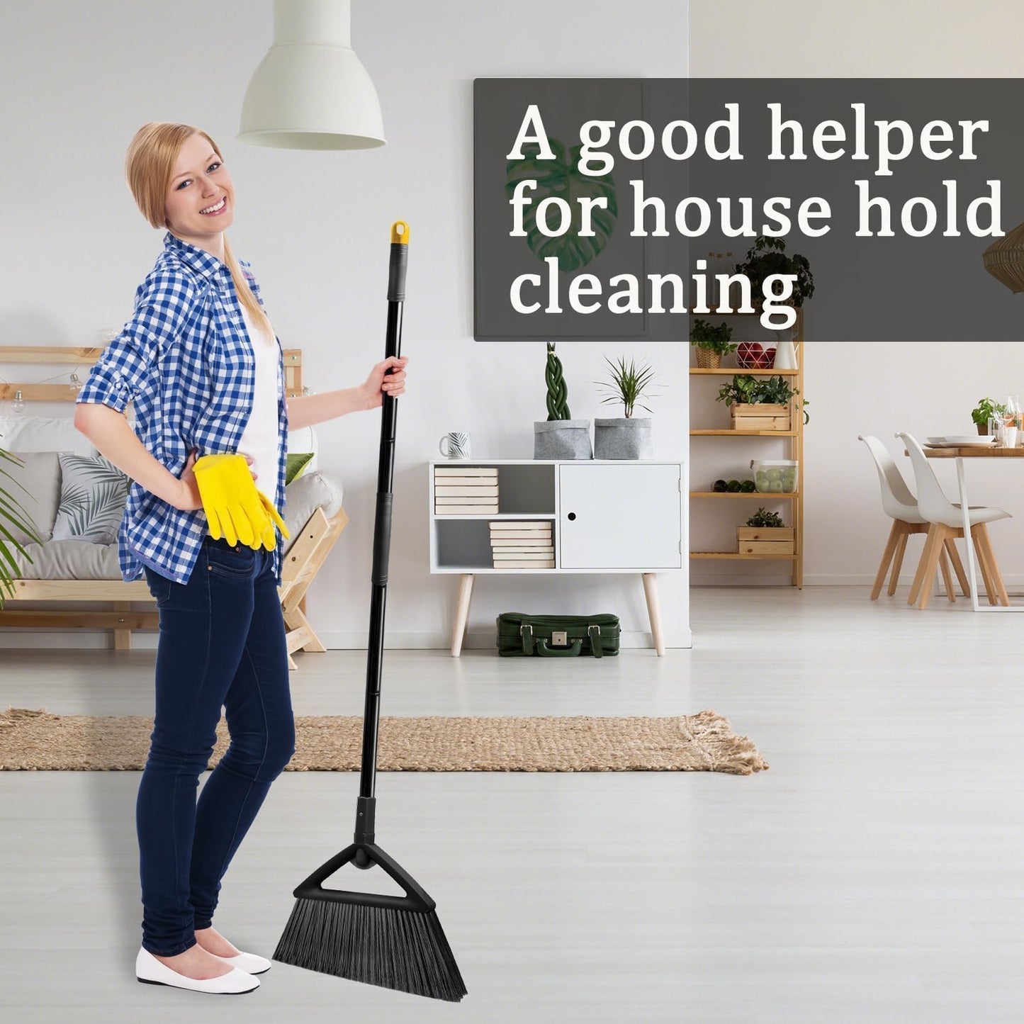 2PCS Heavy Duty Broom, Brooms for Sweeeping Indoor, Angle Broom with Long Pole, Outdoor Broom for Courtyard Garages Slidewalk, Indoor Broom for Kitchen Lobby Canteen, Black (2Black)