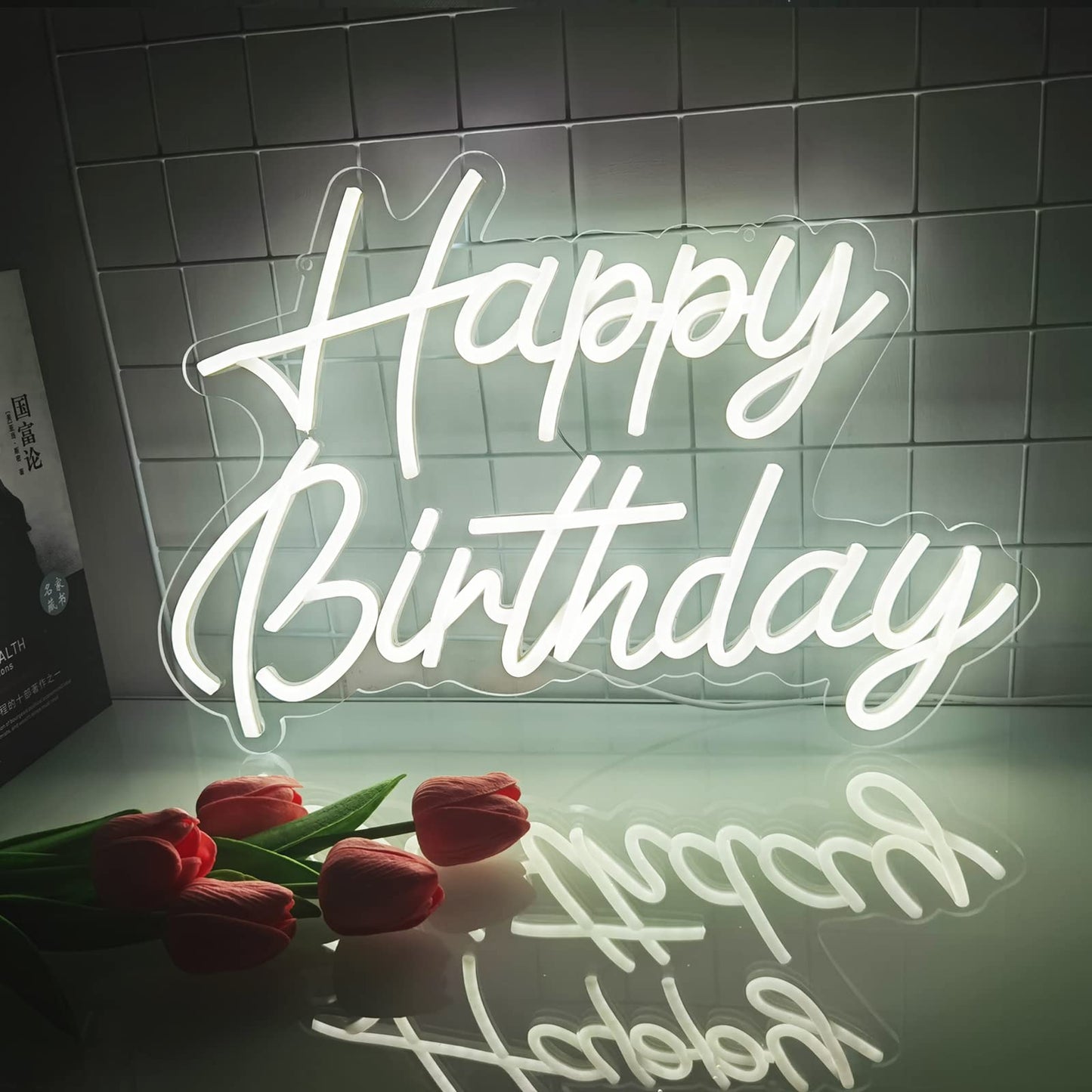 Happy Birthday Neon Sign Reusable White LED Neon Night Light Birthday Party Decorations USB Operated Decorative for Backdrop Party Bedroom Wall Décor 5v,16.5"*11"
