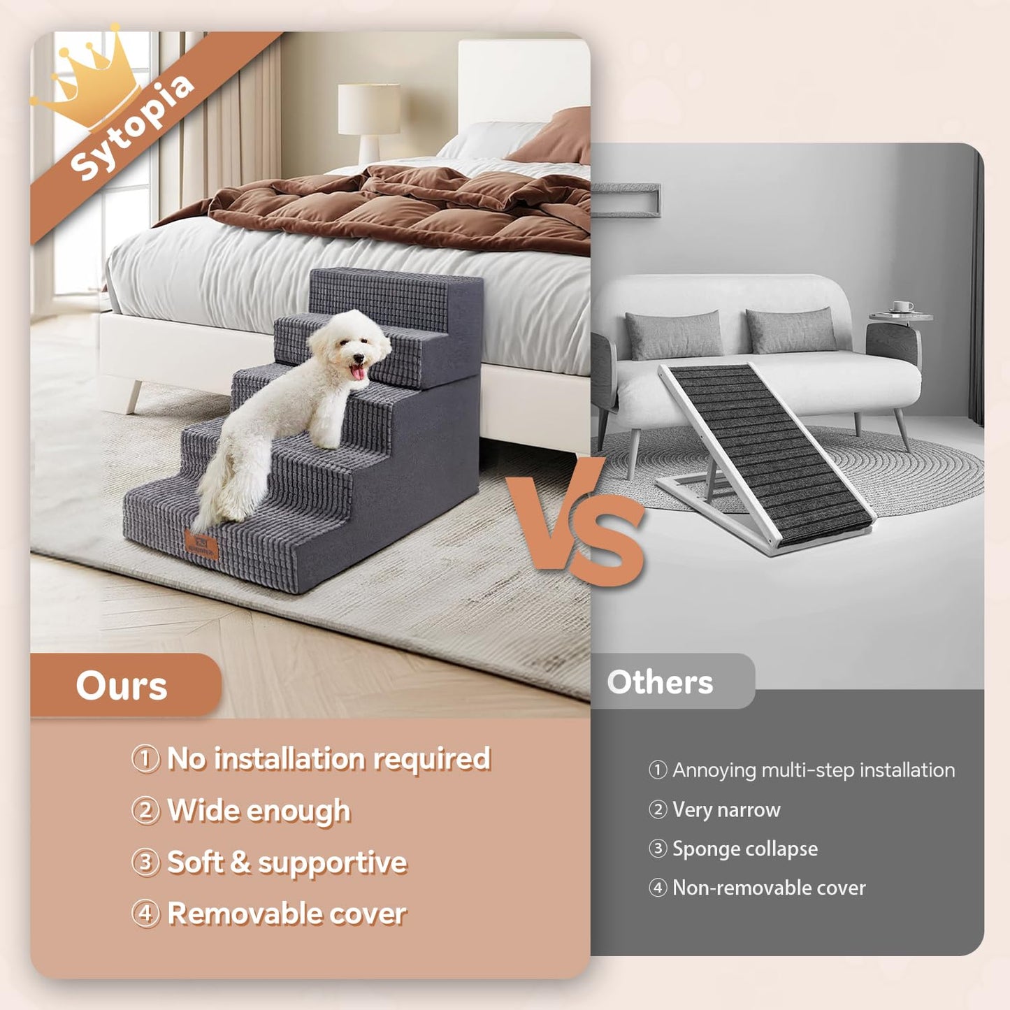 Pet Stairs Ramp for High Beds and Couch for Dogs to Get on Bed - 4 Steps Foldable Stairs for Small Dogs and Old Cats - Foam&Non-Slip&Washable by Sytopia, Grey, 2/3/4/5 Steps