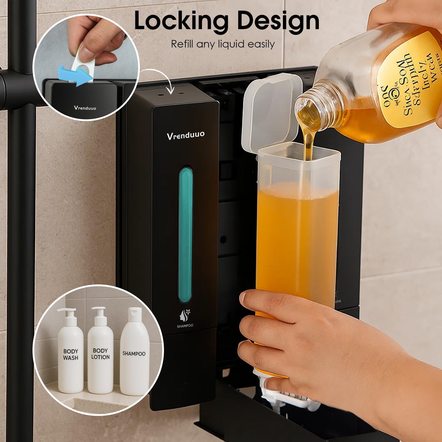 Shampoo and Conditioner Dispenser,Shower Dispenser 3 Chamber No Drill,Shower Soap Dispenser Wall Mounted for Bathroom Hotel with Upgrade Pump Head,3 * 400ml (Black 3 Chamber)